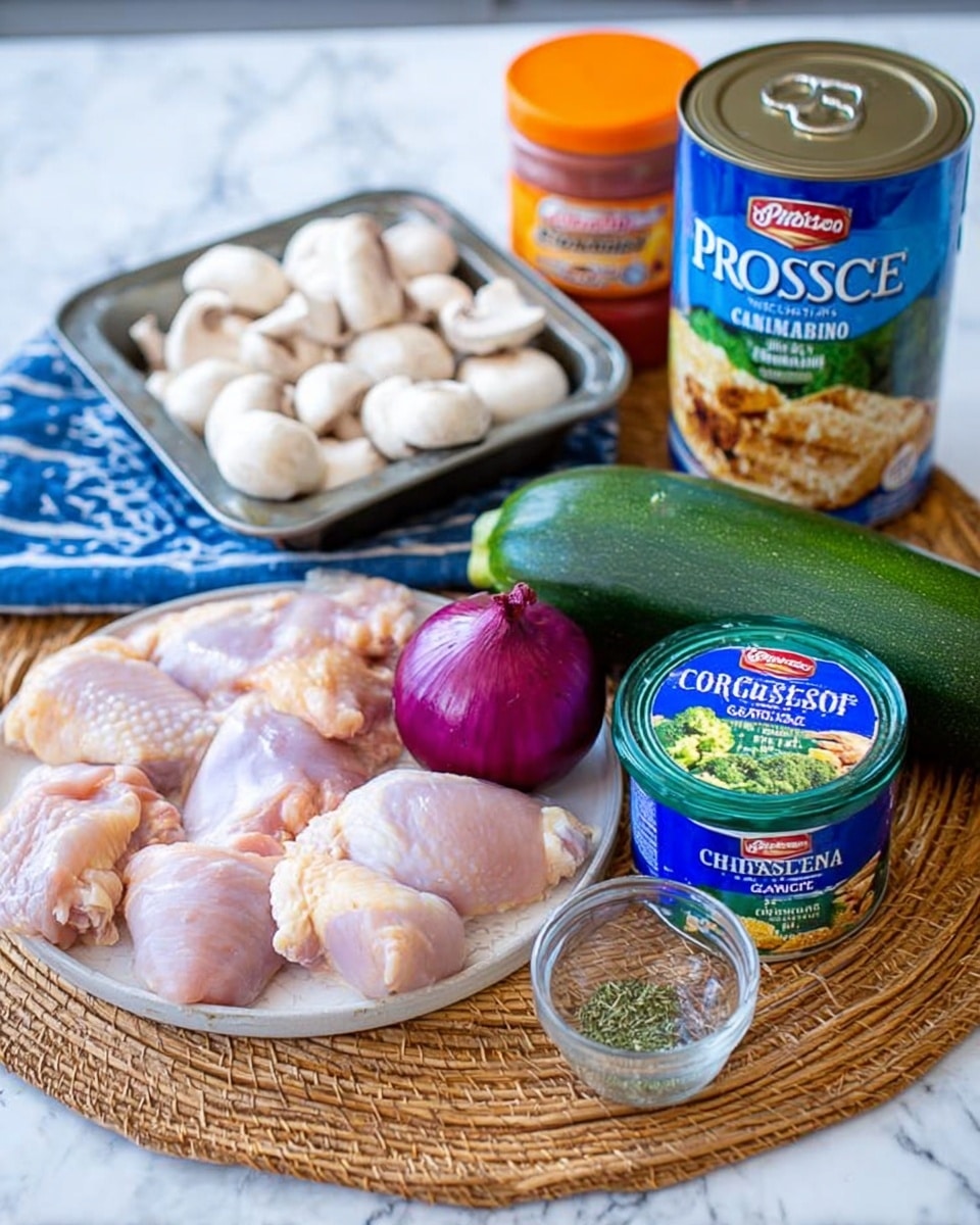 The image shows raw chicken pieces placed on a white plate at the front, with a purple onion cut in half and a pack of white mushrooms on a metal tray behind it. Next to the mushrooms is a whole zucchini and a small broccoli head. To the right side, there is a tall blue and green can of Progresso Italian style bread crumbs and an orange container of Galbani Parmesan cheese. A clear small bowl with some herbs sits on a blue and white striped cloth near the cheese. All items are arranged on a woven mat with a white marbled surface underneath photo taken with an iphone --ar 4:5 --v 7
