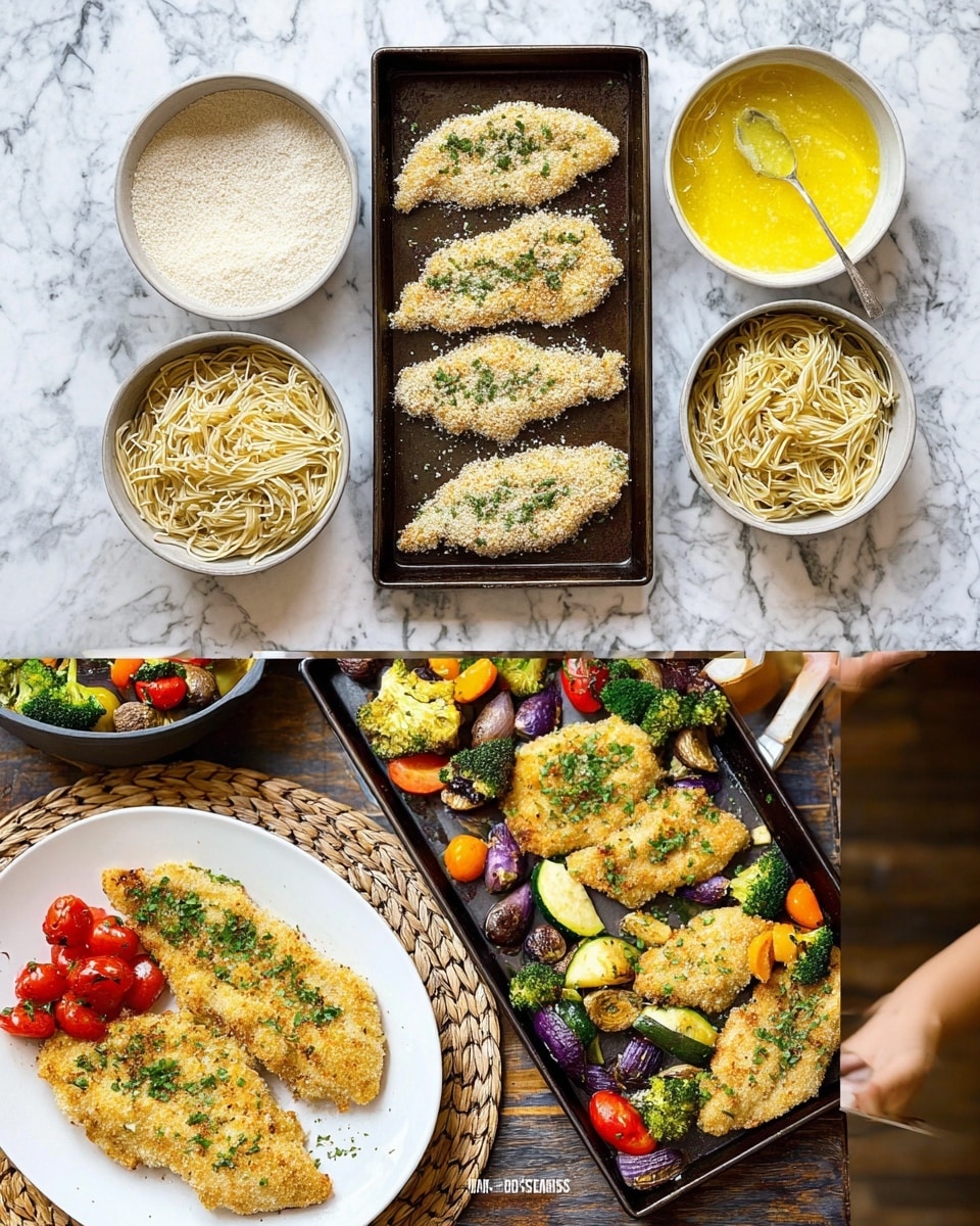 The image shows four white bowls with different coatings for chicken: a light beige breadcrumb mix in the top bowl, a frothy yellow beaten egg in the right bowl, and a white flour in the left bowl, all on a white marbled table; below, a dark baking tray holds four raw chicken cutlets coated with breadcrumbs, evenly spaced; next, the same baking tray displays four golden brown baked chicken cutlets garnished with green herbs on the left side, and colorful roasted vegetables including cherry tomatoes, broccoli, zucchini, mushrooms, and purple potatoes on the right side; finally, a white plate in the foreground holds two golden chicken cutlets topped with green herbs next to a serving of the roasted vegetables, with a spoon beside them, while a dark bowl of plain cooked spaghetti garnished with herbs sits in the background on a woven mat, and a woman's hand can be seen reaching partly in the frame from the right; photo taken with an iphone --ar 4:5 --v 7