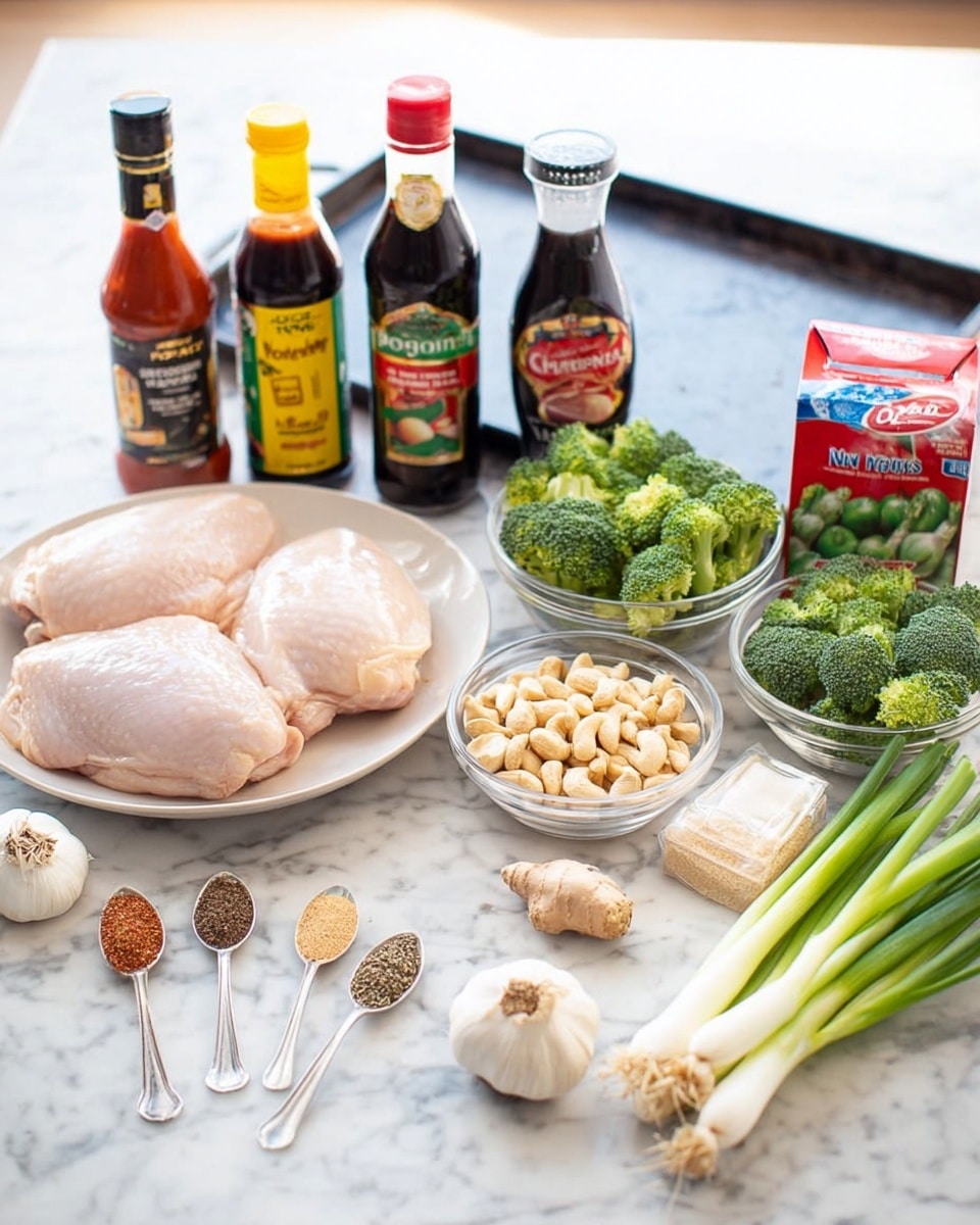 The image shows raw ingredients arranged on a white marbled surface with a black baking tray in the background. From left to right, there are four sauces and condiments in bottles behind a white plate holding three pieces of raw chicken. In front of the chicken are five small spoons each containing different spices, along with a head of garlic and a small piece of ginger root. To the right of the chicken, there is a carton of light brown sugar next to a glass bowl filled with green broccoli florets. Beside the broccoli is a small glass bowl full of cashew nuts, a whole white onion, a bunch of green onions, and a red bell pepper. The colors range from the red of the pepper, green of the broccoli and onions, to the creamy white of the chicken and onion. Photo taken with an iphone --ar 4:5 --v 7