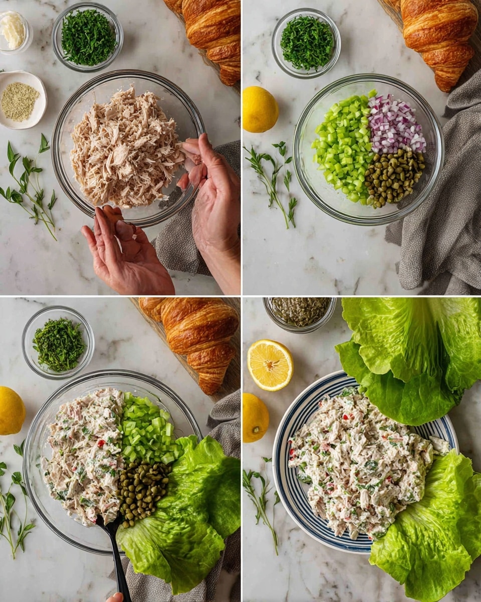 The image shows four steps of making a chicken salad displayed in four sections. In the first section, a woman's hand holds a clear glass bowl filled with shredded light brown chicken pieces, and another woman's hand is using a fork to mix the chicken; small white bowls containing chopped green celery, fresh green herbs, and minced garlic are around the bowl over a white marbled surface. The second section shows the same bowl with layers of ingredients on top: chopped green celery on the left, light purple chopped shallots below, dark green fresh herbs to the right, small green capers, a dollop of pale yellow mayonnaise at the top, and yellow lemon zest near the middle; a gray cloth napkin with lemon halves and a green leaf is beside the bowl on the white marbled surface. The third section has a woman's hand holding the bowl with a black spatula mixing all the ingredients into a creamy, chunky mix with uneven textures visible over the white marbled surface. The fourth section displays the completed salad served on a white plate with blue stripes, arranged on large, bright green lettuce leaves, surrounded by whole green lettuce heads, fresh herbs, red tomatoes, celery stalks, and golden croissants on a wooden board; all is placed on the white marbled surface photo taken with an iphone --ar 4:5 --v 7