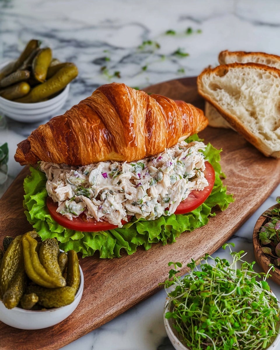 The image shows a croissant sandwich open on a wooden board. The top layer is a golden brown croissant with a shiny, flaky texture. Below it, there is a large piece of flaky, light beige croissant bread. The sandwich filling has three visible layers: a bright green lettuce leaf at the bottom, two slices of red tomato with smooth texture in the middle, and a creamy white chicken salad mixed with small green and purple bits on top. Around the sandwich, there are small bowls; one with dark green pickles and another white bowl filled with fresh green sprouts. The background is a white marbled surface. photo taken with an iphone --ar 4:5 --v 7