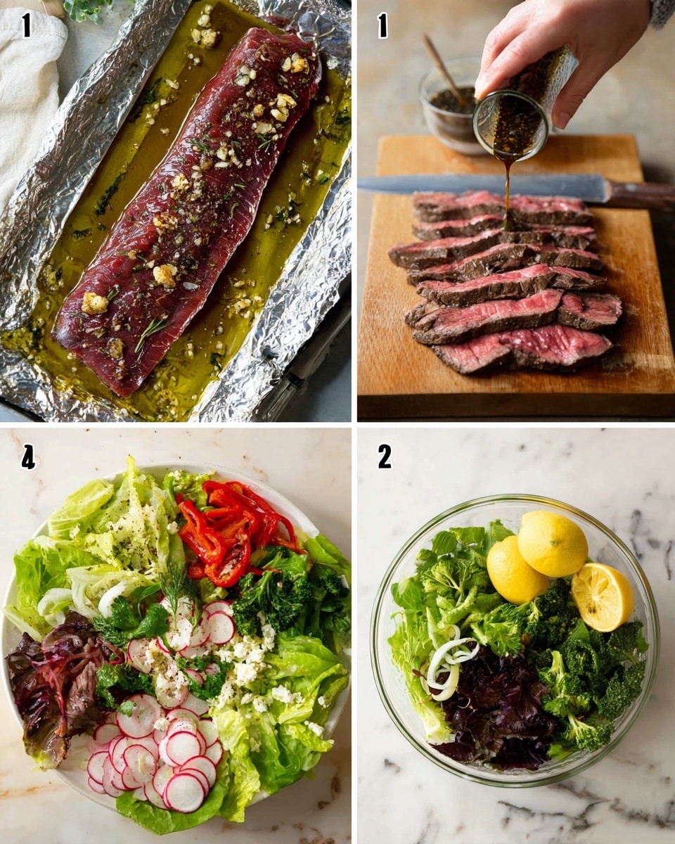 The dish is a fresh steak salad shown in stages. First, a long, raw steak is laid flat on a foil-lined tray, covered with olive oil and small garlic pieces, looking red with a glossy texture. Then, the cooked steak is sliced into even pieces on a wooden board, showing a brown crust with a pink center, a knife placed beside it. In the next step, a woman's hand pours a dark dressing over leafy green lettuce in a clear glass bowl, with two lemon halves nearby. Finally, the assembled salad is in a white bowl with layers: a base of mixed green and purple lettuce, topped with the sliced steak laid on one side, and colorful vegetable sections arranged around including sliced radishes, chopped red bell peppers, and shredded onions, all on a white marbled surface photo taken with an iphone --ar 4:5 --v 7