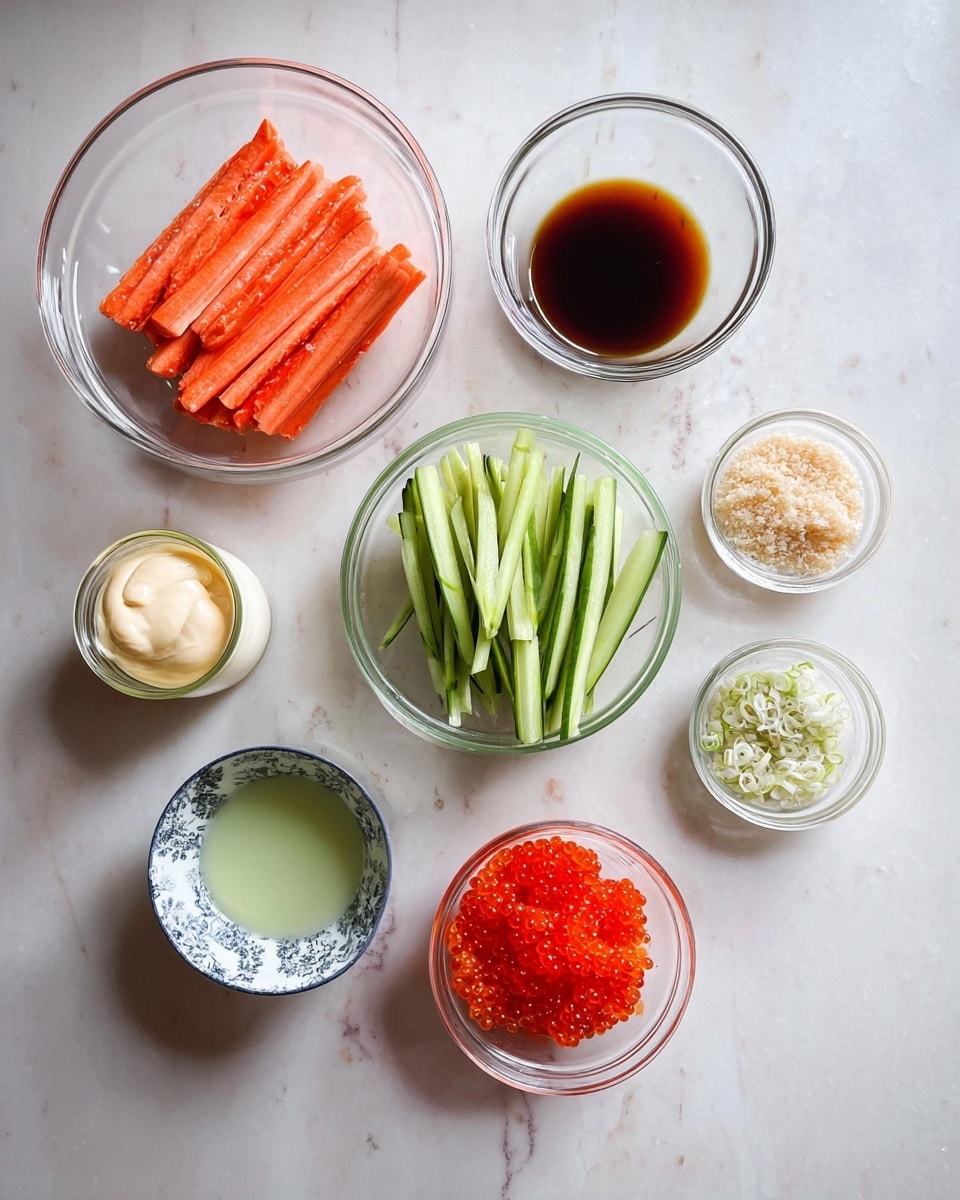 The image shows several clear glass bowls and small white bowls arranged on a white marbled surface. In the largest clear bowl, there are bright orange imitation crab sticks stacked in a line. Another large clear bowl contains thin, long green cucumber strips layered loosely. A small white bowl holds a dark brown liquid, with its smooth surface visible. A small patterned white bowl filled with creamy off-white mayonnaise is positioned near the bottom left. Nearby, another small clear bowl contains light green liquid. Next to it, there is a small clear bowl with a pale grainy substance that looks like panko crumbs. A patterned small bowl is filled with bright red fish roe, with a cluster of tiny shiny beads. Lastly, a small clear bowl contains a small amount of bright red sauce with a smooth texture. All containers are set neatly on the white marbled surface, creating a clean and organized display. photo taken with an iphone --ar 4:5 --v 7
