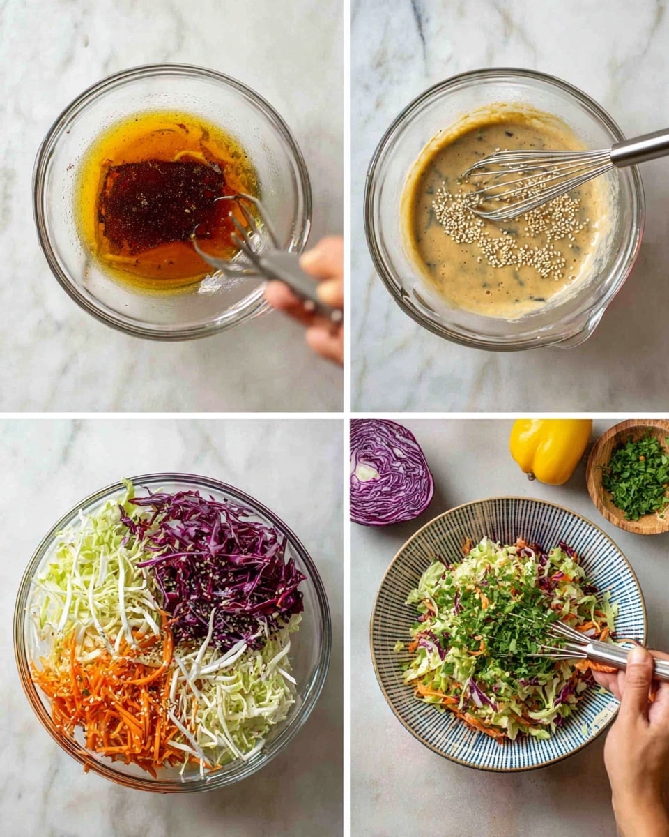 The image shows four steps of making a salad and dressing on a white marbled surface. In the first step, a clear glass bowl holds three layers of ingredients: golden brown liquid, a dark brown thick layer, and white sesame seeds on top. In the second step, the contents are mixed into a beige creamy sauce with small dark specks, stirred by a woman's hand holding a metal whisk. The third step shows a large clear glass bowl filled with colorful salad layers: shredded dark purple cabbage, light green lettuce, thin white sticks possibly jicama, and grated orange carrots, all being tossed with silver tongs held by a woman's hand. The fourth step displays the finished salad in a white bowl with blue stripes, topped with chopped fresh green herbs and sprinkled sesame seeds, placed next to a purple cabbage and a yellow vegetable in the background. photo taken with an iphone --ar 4:5 --v 7