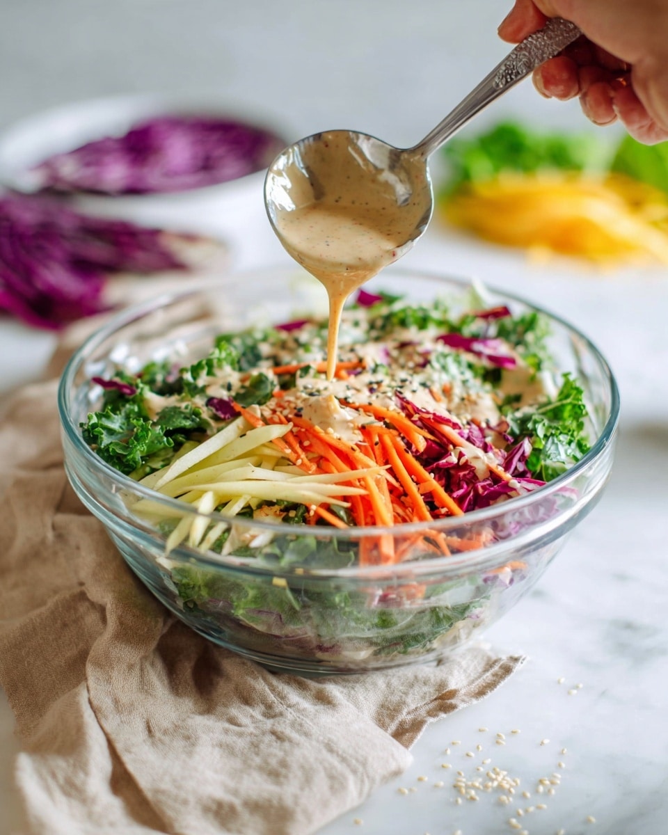 A clear glass bowl sits on a white marbled surface with a beige cloth beside it. Inside the bowl are layers of chopped leafy greens, shredded purple cabbage, orange shredded carrot, and thin yellow strips of apple or jicama. These colorful layers create a fresh and vibrant mix. Above the bowl, a woman's hand holds a silver ladle pouring a beige creamy dressing over the salad. In the background, out of focus, are a cut purple cabbage and yellow leafy greens. Small sesame seeds are scattered on the surface near the bowl. Photo taken with an iphone --ar 4:5 --v 7