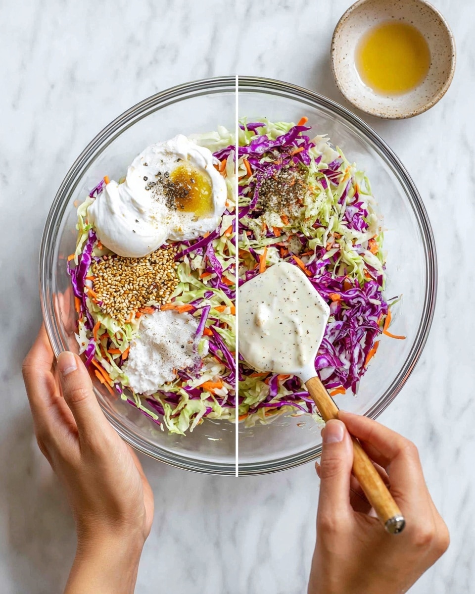 A clear glass bowl on a white marbled surface contains a mix of ingredients shown in four steps: first, dollops of soft white cream, mustard with whole seeds, and a golden syrup are placed together with a sprinkle of black pepper; second, the mixture is stirred into a smooth, creamy dressing with tiny black specks, held by a woman's hands using a white spatula with a wooden handle; third, the dressing is poured over a mix of thinly sliced purple cabbage, light green cabbage, and small orange carrot strips in the same bowl; fourth, a woman's hands hold the bowl and a pair of silver tongs, tossing the colorful crisp vegetables and creamy dressing together. Photo taken with an iphone --ar 4:5 --v 7