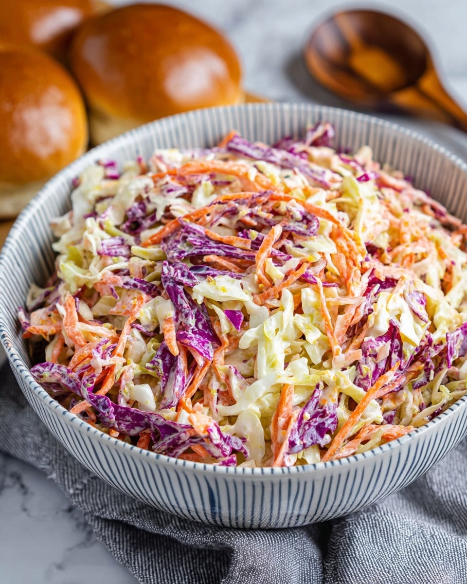 A close-up view of a white bowl with thin blue stripes filled with creamy coleslaw made of three layers: shredded white cabbage, bright orange carrot strips, and deep purple cabbage pieces, all mixed smoothly with a light dressing. The bowl sits on a soft gray cloth over a white marbled surface, with two shiny brown buns visible in the background and a wooden spoon with darker brown patterns near the front right edge. Photo taken with an iphone --ar 4:5 --v 7