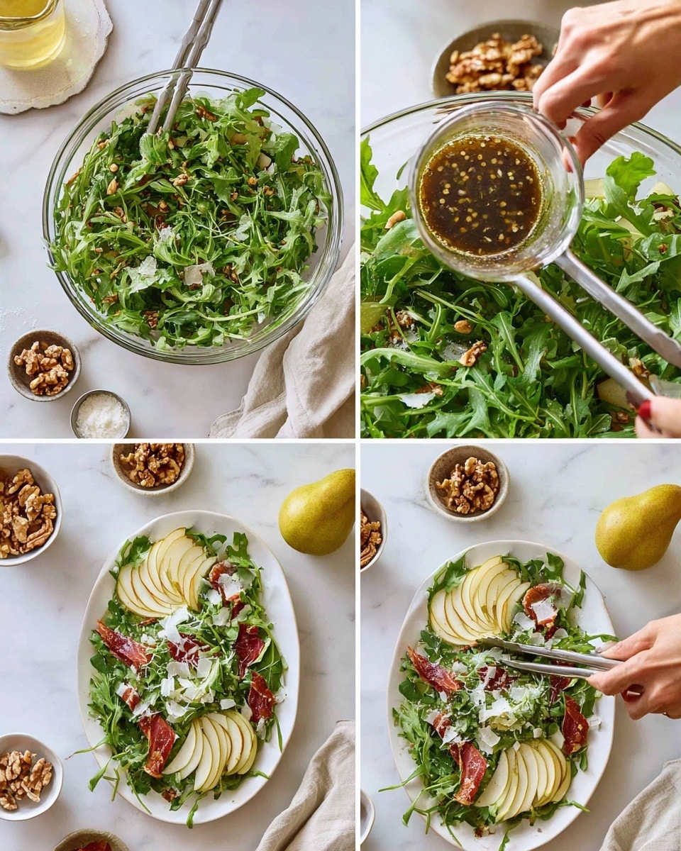 A fresh green salad is shown in clear glass bowl and then white oval plate. The first layer is leafy green arugula with a rough texture filling the bowl fully. On top, a dark brown vinaigrette dressing with visible black pepper seeds is being poured by a woman's hand. Next, the woman's hand holds silver tongs mixing the arugula and dressing. Then the salad is moved to a white oval plate, and a woman's hand places thin slices of yellow-green pear on top along with scattered rings of pale white shallots and small clusters of brown walnuts. Finally, more pear slices, reddish thin pieces of cured meat, and finely grated white cheese are added over the salad with the vinaigrette drizzled on top. The salad is placed on a white marbled surface with a whole yellow-green pear, walnut halves, and small dishes of ingredients around. Photo taken with an iphone --ar 4:5 --v 7