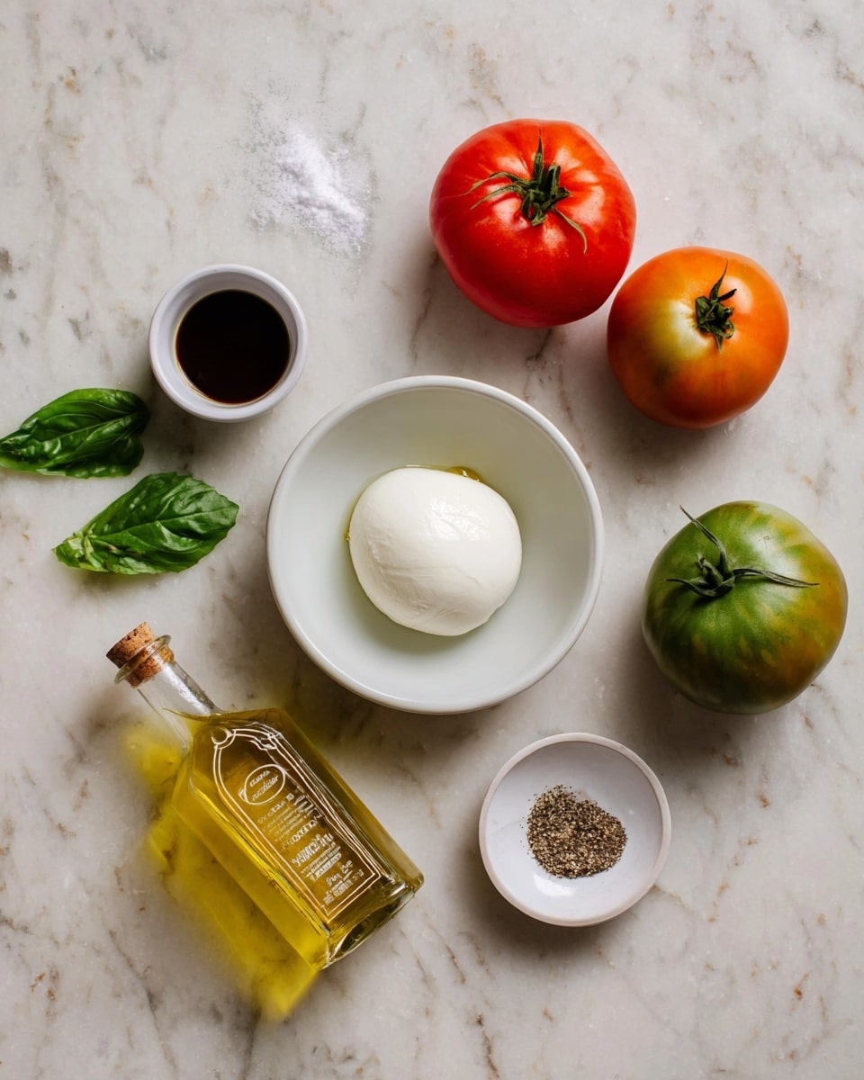 A white bowl in the center holds one smooth, rounded ball of white mozzarella cheese. Around the bowl are four whole tomatoes in red, green, and orange colors with natural textures and stems. To the bottom left, a small clear glass bottle filled with golden olive oil stands, showing its label. Near the bottom right, a small white bowl contains coarse salt and black pepper side by side. Fresh green basil leaves with visible veins are scattered nearby, and at the top left, a small white container holds dark balsamic vinegar. All items rest on a white marbled surface. photo taken with an iphone --ar 4:5 --v 7