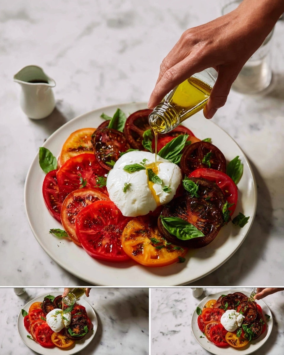 A white plate on a white marbled surface holds a colorful arrangement of tomato slices in three layers going clockwise: the outer layer has red, orange, and yellow slices, the middle layer has mostly dark brown and red slices, and the center has smaller red slices. On top of the tomato layers is a large dollop of smooth, white burrata cheese. Fresh green basil leaves are sprinkled unevenly over the tomatoes and cheese. A woman's hand is placing some basil leaves on the right side of the plate, while another woman's hand is pouring golden olive oil onto the cheese from a clear bottle. The plate is ready to be drizzled with dark balsamic vinegar seen in a small white pitcher nearby. Photo taken with an iphone --ar 4:5 --v 7