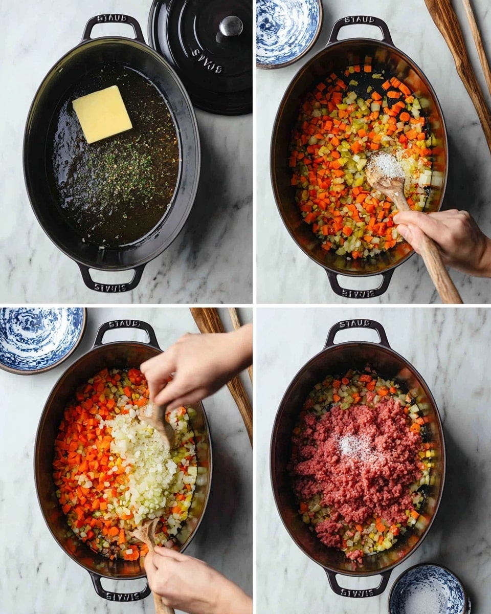 A black Staub oval pot is shown in four steps on a white marbled surface. In the first image, a light yellow butter square melts in the empty pot. The second image shows a woman's hand stirring a colorful mix of finely chopped orange carrots, white onions, and green celery with a wooden spoon inside the pot. The third image reveals the vegetables softened and mixed, turning slightly translucent and golden. In the last image, a woman's hand sprinkles salt over red ground meat sitting on top of the cooked vegetable mixture in the pot, while the wooden spoon rests nearby. The pot lid and a small blue bowl with white patterns are next to the pot. Photo taken with an iphone --ar 4:5 --v 7