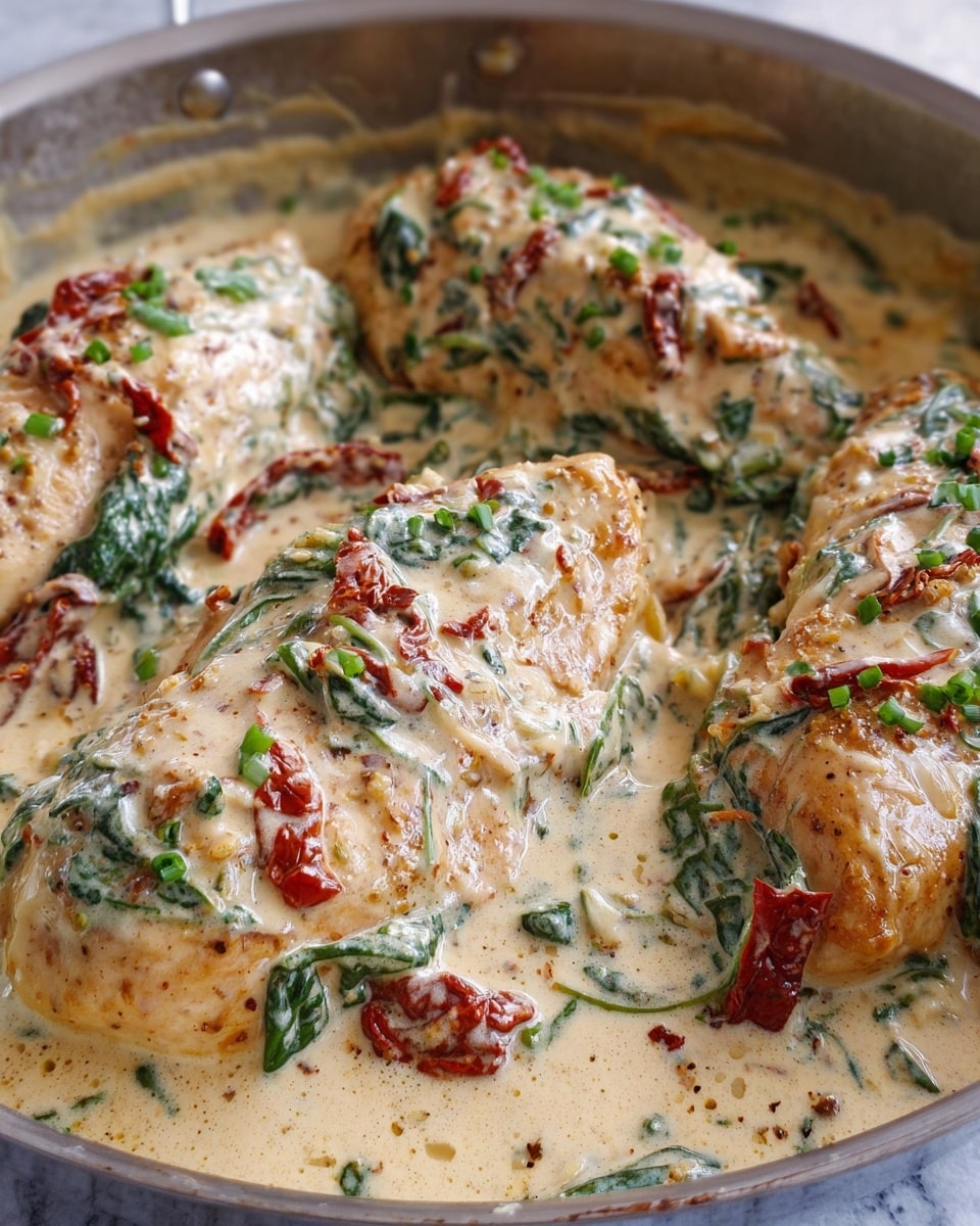 The image shows four large pieces of light golden chicken in a pan, covered in a creamy white sauce with a slightly orange tint. The sauce has visible green spinach leaves and red sun-dried tomato pieces scattered throughout. Small green herb bits are sprinkled on top of the chicken, adding freshness. The creamy sauce looks thick and smooth with some texture from the ingredients. The chicken pieces are placed close to each other, filling the pan. The background is a white marbled texture photo taken with an iphone --ar 4:5 --v 7