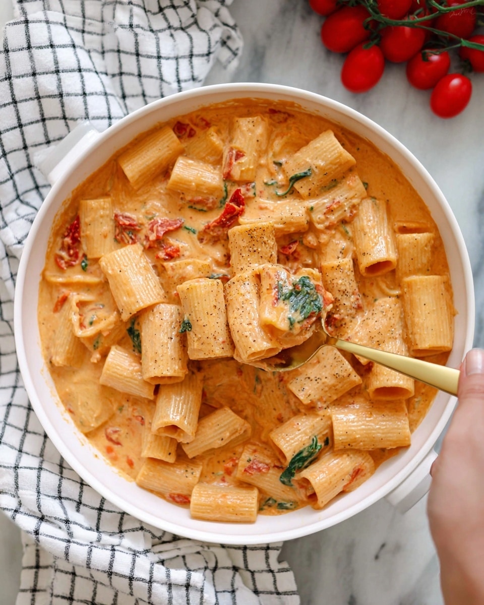 A white round dish filled with short rigatoni pasta in a creamy orange sauce with visible bits of sun-dried tomatoes and green spinach leaves mixed throughout. A woman's hand holds a gold spoon lifting up several pieces of pasta coated in the sauce, showing texture and small flecks of seasoning. Red cherry tomatoes and a white cloth with black checks lie on a white marbled surface around the dish. Photo taken with an iphone --ar 4:5 --v 7