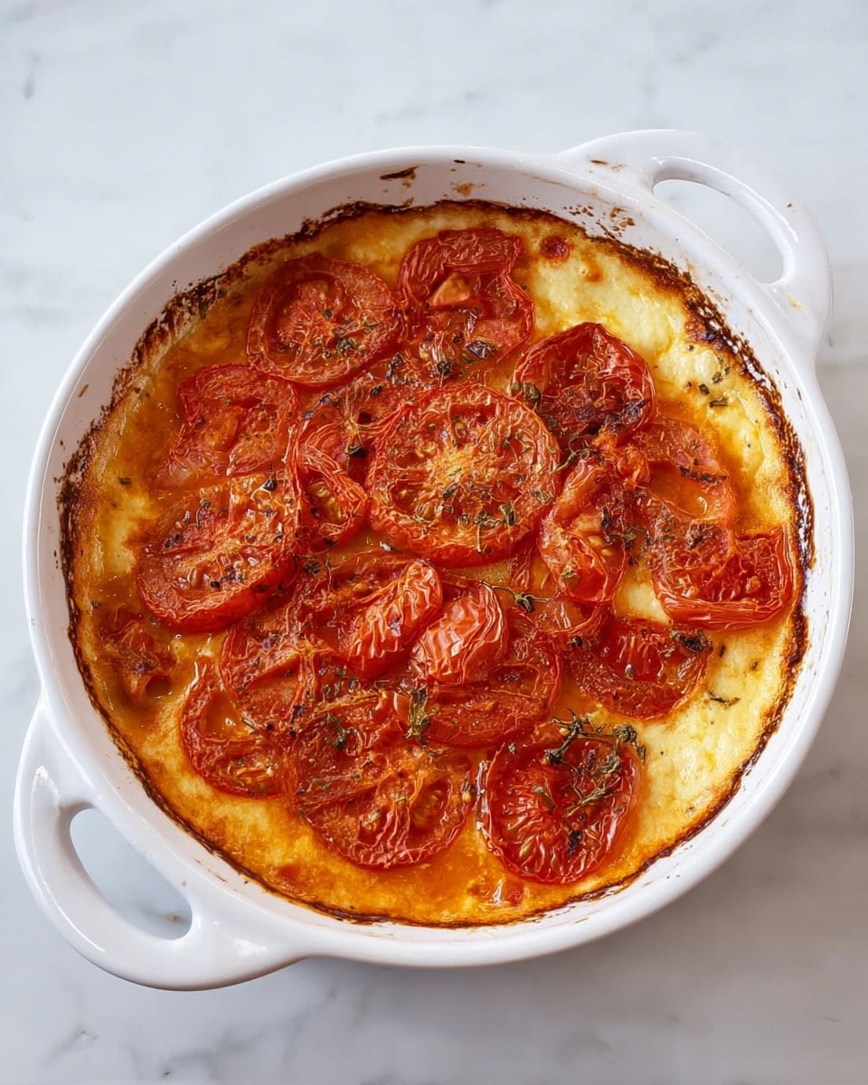 A white round baking dish with handles holds a baked dish with two main layers. The bottom layer is smooth and creamy with a light yellow-orange color. On top is a layer of cooked tomato slices, which are soft and wrinkled with a bright red to deep red color. The edges of the dish have some browned, slightly burnt spots, giving a baked look. The dish sits on a white marbled surface. photo taken with an iphone --ar 4:5 --v 7