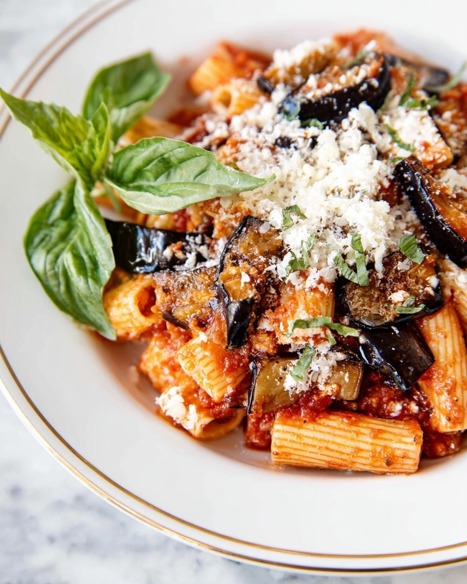 A white plate holds a dish with three main layers: the bottom layer is rigatoni pasta coated in a red tomato sauce, the middle layer shows pieces of dark brown, grilled eggplant with a slightly crispy texture, and the top layer is a sprinkling of white grated cheese. On the side, there is a small bunch of fresh green basil leaves adding pop of color. The plate sits on a white marbled surface. photo taken with an iphone --ar 4:5 --v 7