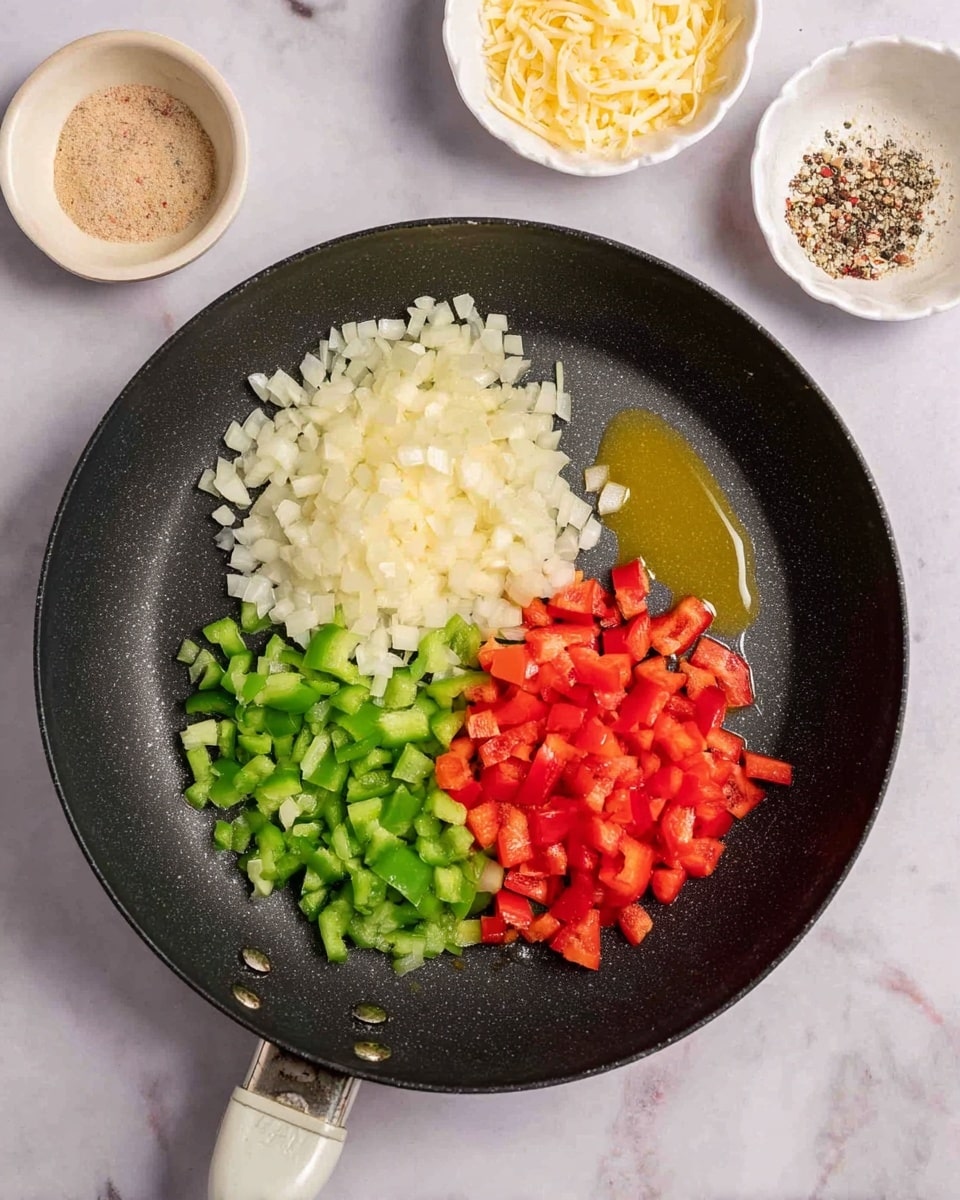 A black frying pan holds four groups of chopped ingredients arranged in separate sections: pale chopped onions on the left, bright green chopped bell peppers at the bottom, vibrant red chopped bell peppers on the right, and a small pile of minced garlic near the top right; a light yellow liquid, likely butter or oil, is melting at the top left edge of the pan. Surrounding the pan on a white marbled surface are small white bowls containing coarse beige powder, mixed coarse black and white pepper, and shredded pale yellow cheese, adding color contrast. Photo taken with an iphone --ar 4:5 --v 7