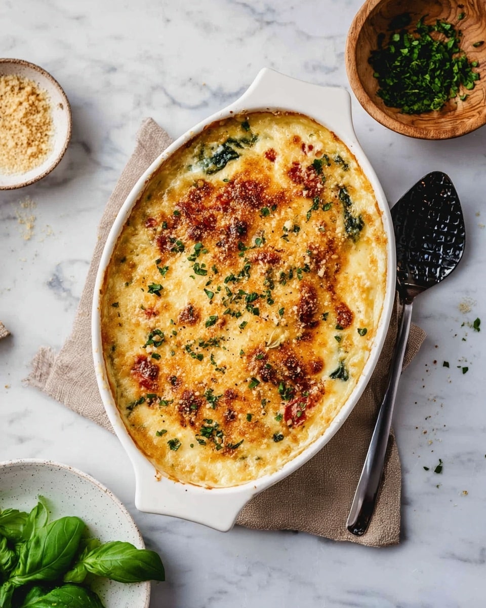 A white oval baking dish filled with a baked casserole showing a golden brown top with spots of deep red and light green pieces mixed in. The top layer looks creamy with a slightly crispy texture, sprinkled with small green herb pieces and fine crumbs evenly scattered over it. A black spoon with a hammered texture rests on the right side of the dish, partially lying on the casserole. The dish is placed on a white marbled surface, with a wooden bowl containing chopped green herbs to the upper right and a white plate with fresh basil leaves at the bottom left nearby. Photo taken with an iphone --ar 4:5 --v 7