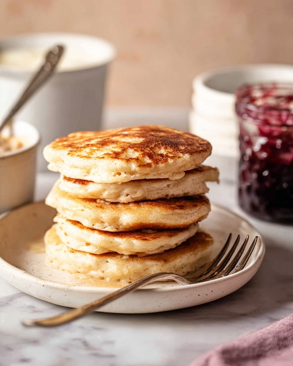 A stack of five thick, golden-brown pancakes rests in the center of a white plate. The pancakes are fluffy with a soft texture, showing light bubbles on the sides and the top layer with a warm, golden crisp. The plate is on a white marbled surface with a fork placed at the front right side touching the plate. To the left, there is a white bowl partially in view holding some sauce or cream with a silver spoon inside. In the blurry background, a white bowl rim is visible on the right and a jar of deep red jam with a metal lid is on the lower right side. Photo taken with an iphone --ar 4:5 --v 7