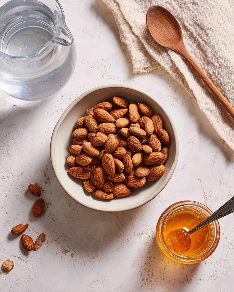 A white bowl filled with whole brown almonds sits in the center on a white marbled surface. A few almonds are scattered around the bowl. To the left, there is a clear glass pitcher partially filled with water, and to the right, a small clear glass jar holding amber honey with a silver spoon resting inside it. At the top, a wooden spoon lies on a light beige cloth. The setting is simple and clean with natural colors. photo taken with an iphone --ar 4:5 --v 7
