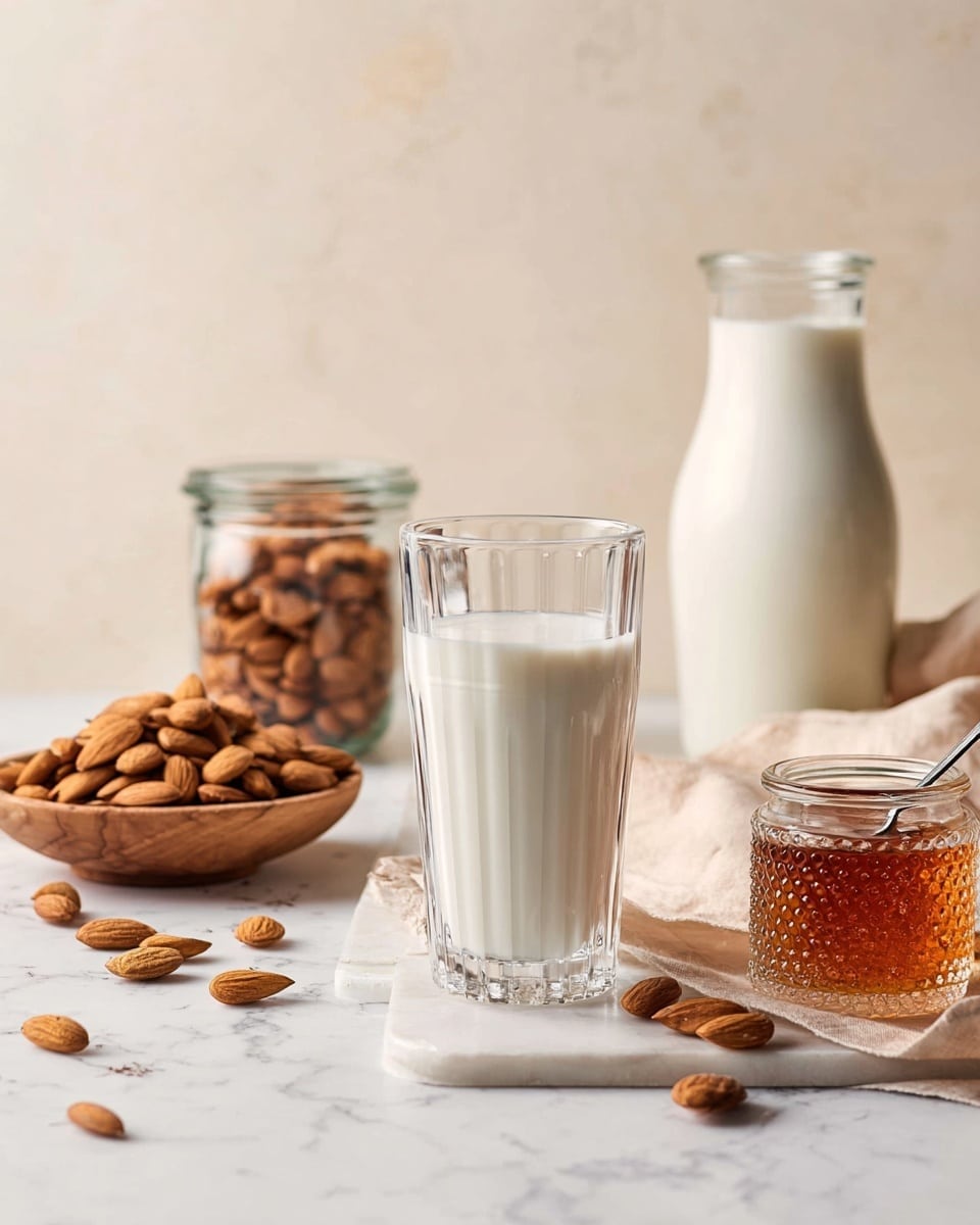The image shows a clear, ribbed glass filled with white almond milk placed in the center on a white marbled surface. Behind it, there is a white glass jug also filled with almond milk, slightly blurred. To the left, there is a small clear jar filled with whole almonds, and a round wooden bowl with more almonds spilling slightly onto the surface near a soft beige napkin. To the right of the glass, there is a small clear jar with a patterned texture holding a dark amber liquid and a silver spoon inside. Some almonds are scattered across the white marbled surface. The background is soft beige, smooth and plain. Photo taken with an iphone --ar 4:5 --v 7