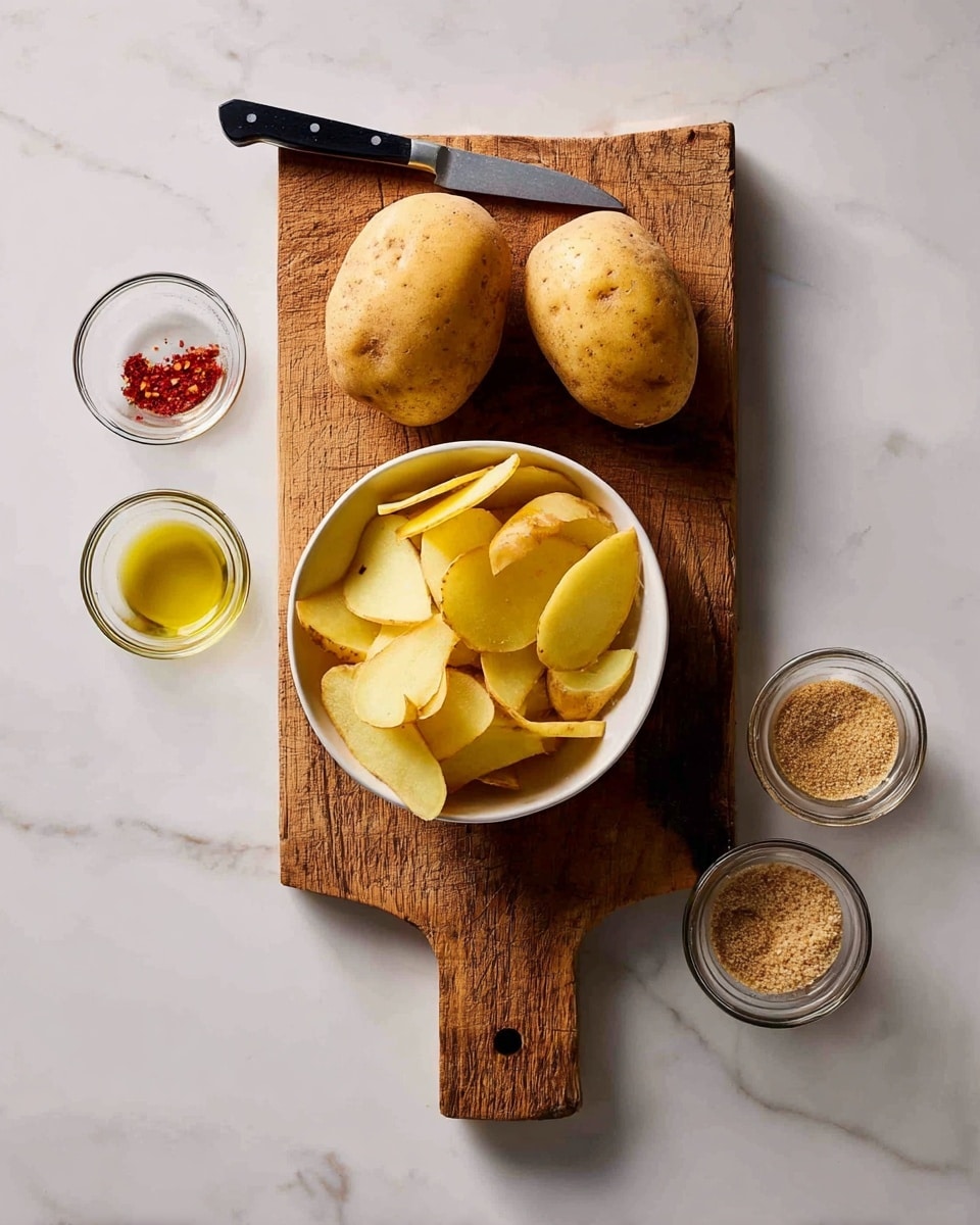 Two whole yellow potatoes sit near the top edge of a wooden cutting board with a small black and silver knife above them. Below, a white bowl holds potato peels with their yellow skin and light creamy interiors, filling the bowl loosely. Near the bottom left corner of the board, two small glass bowls contain a tiny amount of red spice and a small pool of olive oil. At the top right corner, two more small glass bowls hold a tan, grainy seasoning. The whole scene is placed on a white marbled surface. Photo taken with an iphone --ar 4:5 --v 7