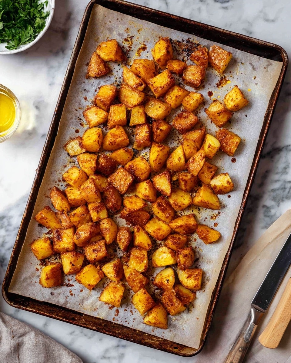 This image shows a single layer of roasted potato cubes scattered on a baking tray lined with slightly browned parchment paper. The potatoes have a crispy, golden-brown texture with some darker, well-roasted edges. The tray is dark with slightly worn spots, placed on a white marbled surface. In the background, there is a small bowl with green herbs and another small glass container with a golden-yellow liquid, along with a knife on the right side near the top edge. Photo taken with an iphone --ar 4:5 --v 7