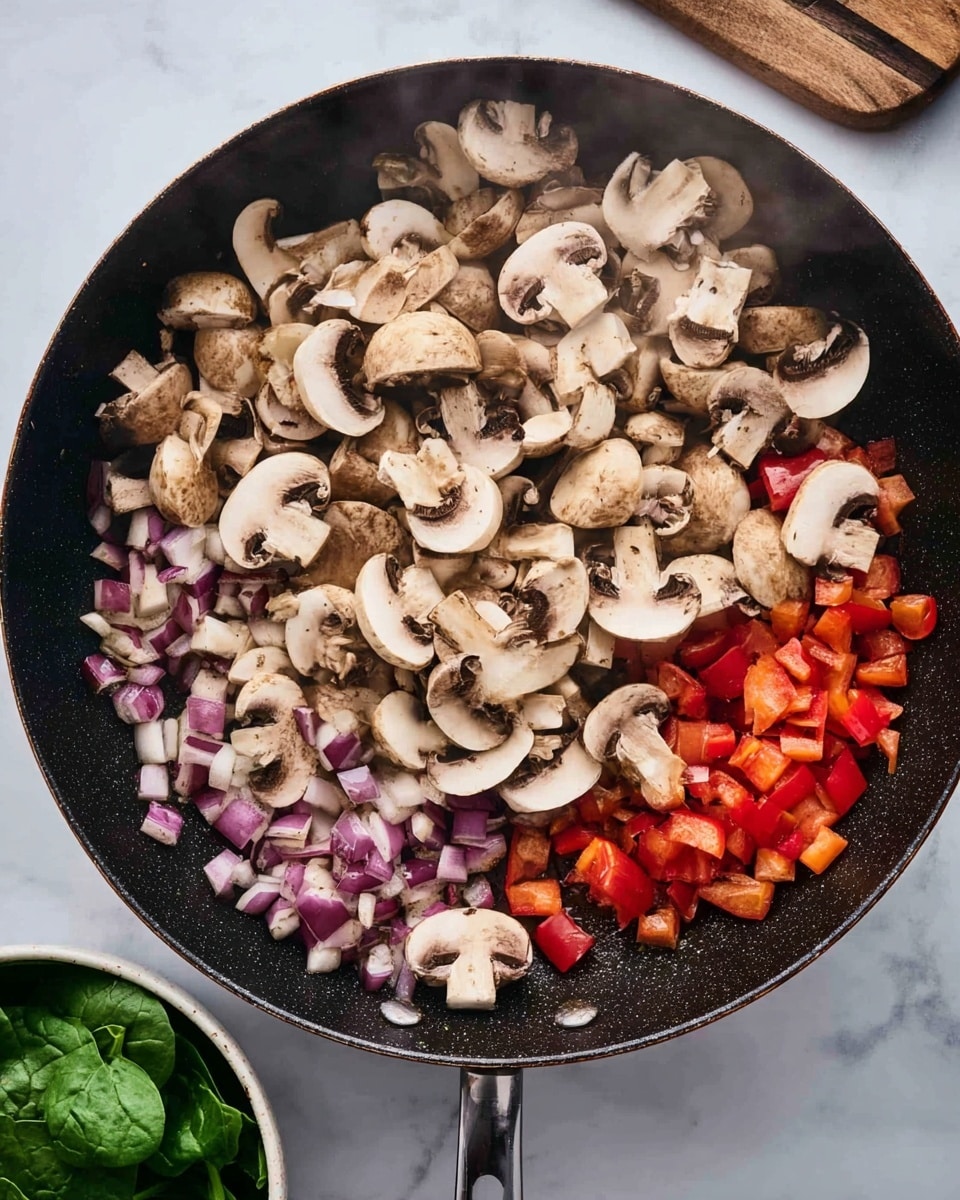 A black pan filled with three main layers of cooking ingredients is shown on a white marbled surface. The bottom layer is small chopped pieces of purple-red onion scattered evenly. The middle layer is small diced bright red bell pepper bits mixed with onions. The top layer is sliced brown mushrooms, with their light beige inside and darker brown outside, spread across the pan. Slight steam rises from the pan, showing the ingredients are cooking. In the bottom left corner, a small white bowl with green spinach leaves peeks out. Photo taken with an iphone --ar 4:5 --v 7