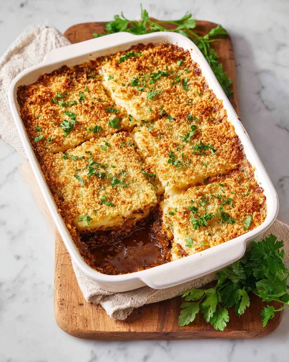 A white rectangular baking dish with a golden brown layered casserole inside, divided into four parts. The top layer is a crispy crumb coating with a slightly toasted texture and sprinkled with small green parsley leaves. Below the crumb layer, a rich dark brown sauce peeks through around the edges. The dish sits on a wooden board with fresh green parsley nearby, all set against a white marbled background. Photo taken with an iphone --ar 4:5 --v 7
