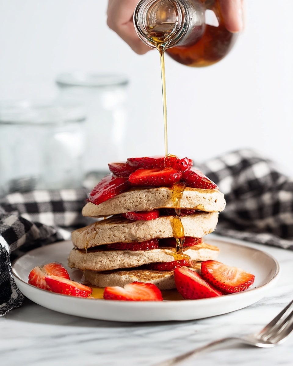 A stack of five light brown pancakes with a soft, fluffy texture is layered with bright red strawberry slices between each pancake and some strawberry slices scattered around the white plate. Golden syrup is being poured from a clear glass bottle held by a woman's hand above the stack, drizzling down onto the pancakes and strawberries. The scene is set on a white marbled surface with a blurred clear glass jar and a black-and-white checkered cloth in the background, and a silver fork lies in the foreground. photo taken with an iphone --ar 4:5 --v 7