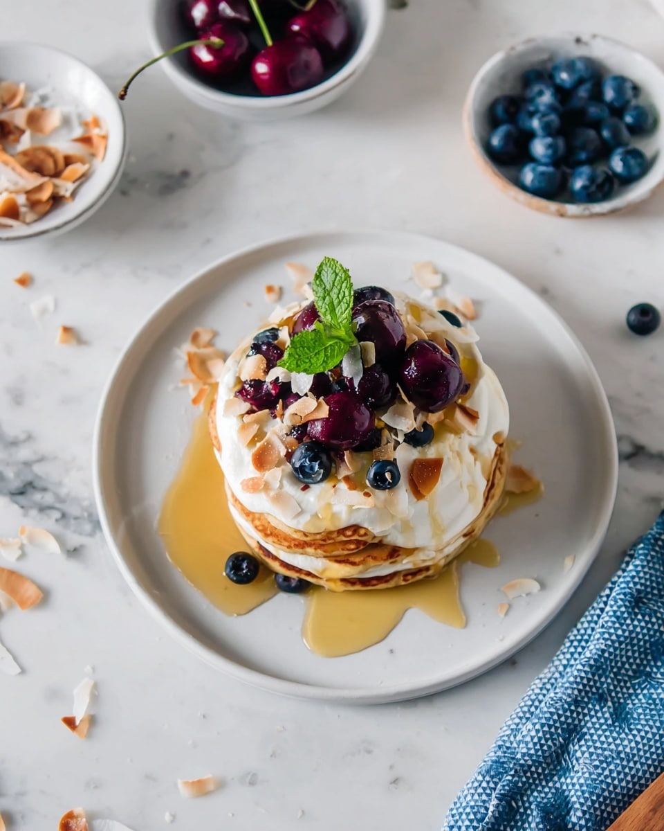 A single stacked pancake sits in the middle of a white plate, layered with a generous spread of white cream on top, drizzled with golden syrup pouring down the sides and pooling on the plate. The stack is decorated with dark purple cherries, blue blueberries, and light brown toasted coconut flakes, crowned with a small green mint leaf. Around the plate, there are small bowls filled with cherries, toasted coconut flakes, and blueberries placed on a white marbled surface, with a blue and white cloth towel partially visible on the side. Photo taken with an iphone --ar 4:5 --v 7