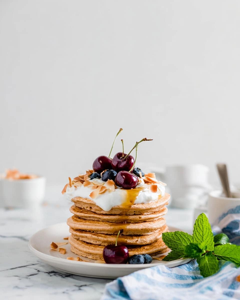A tall stack of six thick pancakes with a light brown color sits on a white plate on a white marbled surface. On top, there is a layer of white creamy yogurt, drizzled with golden honey that flows slightly down the sides. Fresh dark red cherries with stems and small blue blueberries are placed on the yogurt, along with thin pieces of light brown toasted coconut flakes. To the right of the plate, there is a fresh green mint sprig resting next to a folded blue and white striped cloth. In the background, a small white bowl and a white cup with a spoon are slightly blurred. Photo taken with an iphone --ar 4:5 --v 7