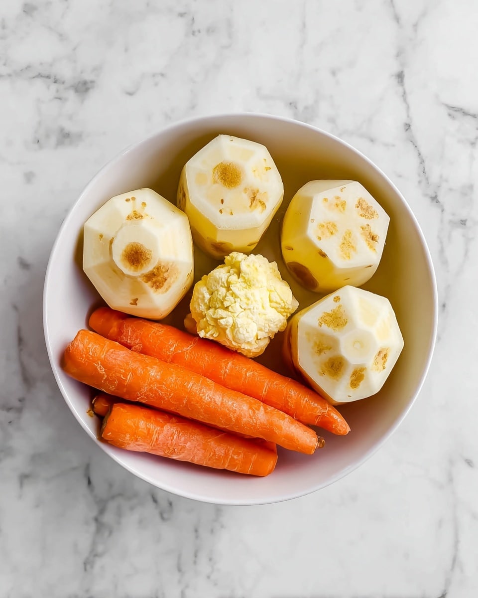 A white bowl on a white marbled surface holds seven peeled vegetables arranged in a circle on the top half, each pale yellow with brown spots and smooth textures, and three long orange carrots placed parallel at the bottom half. On top of the carrots lies one smaller pale yellow piece with a rough texture. The colors contrast gently with the clean white bowl and white marbled background, creating a simple, fresh look. photo taken with an iphone --ar 4:5 --v 7