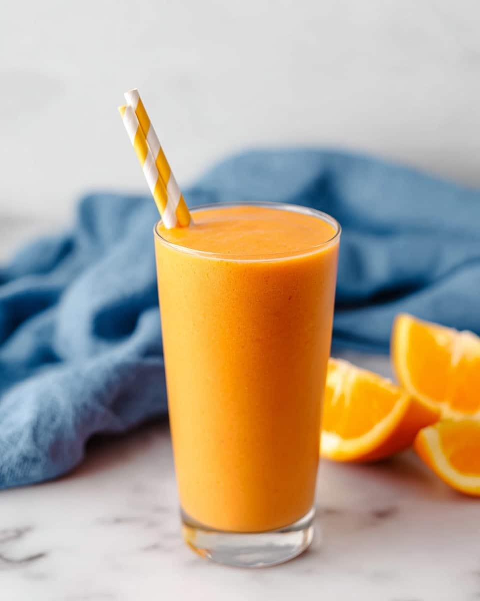 A tall clear glass filled with a smooth orange-colored juice that has a thick, creamy texture and fills the glass to the very top. A white and yellow striped paper straw is placed in the glass, slightly tilted. Behind the glass, slightly out of focus, are two bright orange halves placed on a white marbled surface, along with a crumpled blue cloth that adds a soft contrast in the background. The whole scene is set on a clean white marbled background. photo taken with an iphone --ar 4:5 --v 7