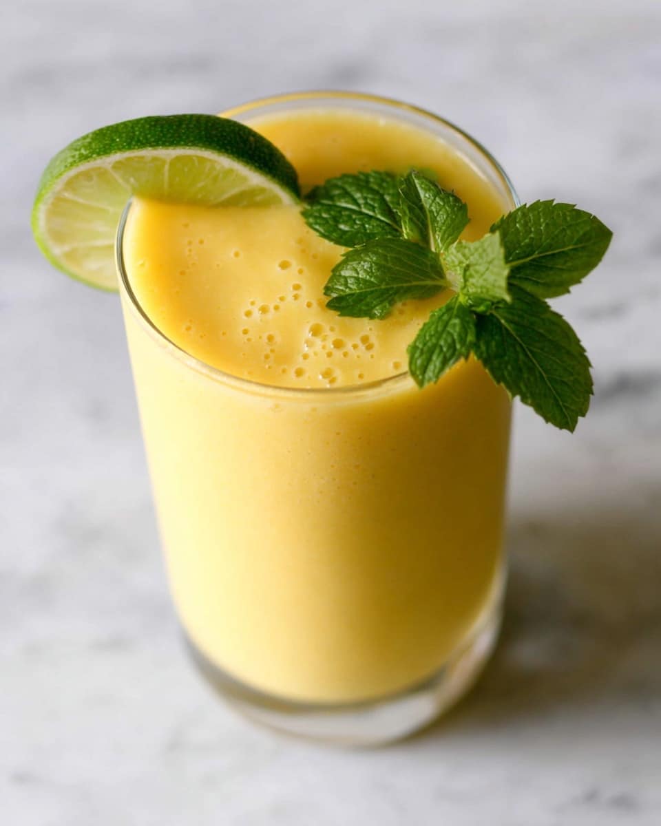 A clear glass filled with a smooth, yellow mango smoothie showing small bubbles on the surface; the top edge of the glass is decorated with a bright green lime wedge and two fresh green mint leaves, all set on a white marbled background. photo taken with an iphone --ar 4:5 --v 7
