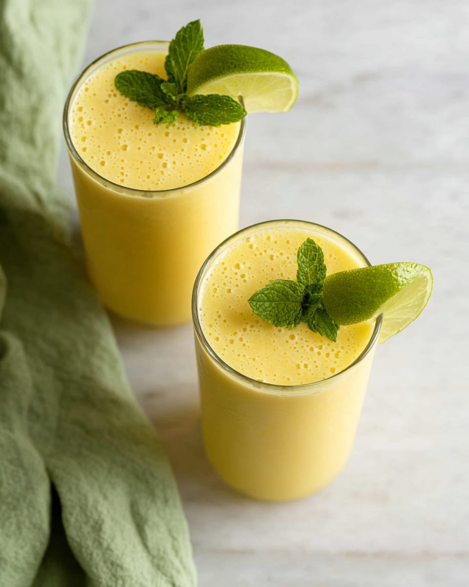 Two glasses are filled with a thick yellow smoothie with small bubbles on the surface. Each glass is decorated with a fresh green mint leaf and a wedge of bright green lime on the edge. The glasses are placed on a white marbled surface with a soft green cloth partially visible on the left side. The image has a bright, fresh, and clean look. Photo taken with an iphone --ar 4:5 --v 7