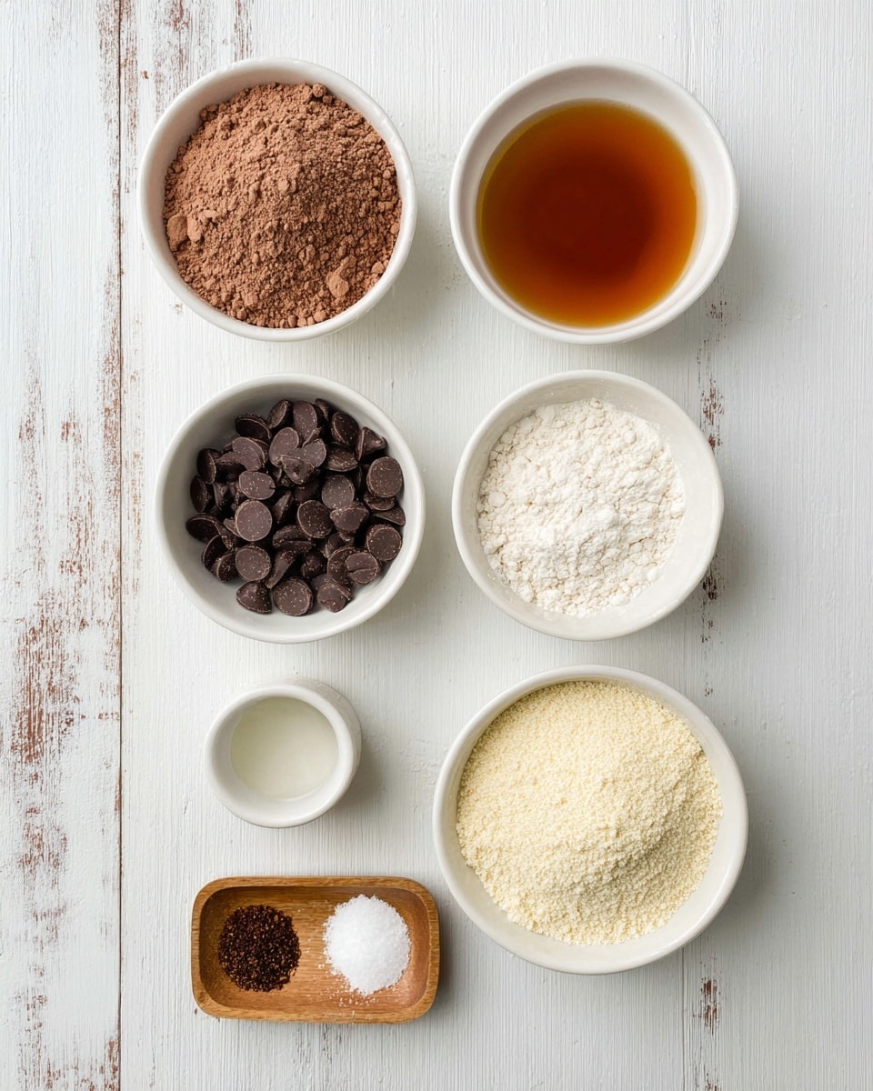 The image shows six small white bowls and one small wooden dish arranged neatly on a white marbled wooden surface. The top left white bowl contains light brown cocoa powder with a dry, powdery texture. To the right of it, the white bowl holds a thick, shiny amber liquid. Below the cocoa powder, another white bowl is filled with dark round chocolate chips with a smooth, glossy texture. Next to it, a white bowl is filled with fine, white flour that looks soft and powdery. Below these, a small white bowl contains a clear, watery liquid. On the left bottom, a small wooden dish has three sections filled with white baking powder, white salt, and dark brown ground spices. At the bottom right, a larger white bowl is filled with pale yellow finely ground almond flour, showing a grainy texture. Photo taken with an iphone --ar 4:5 --v 7