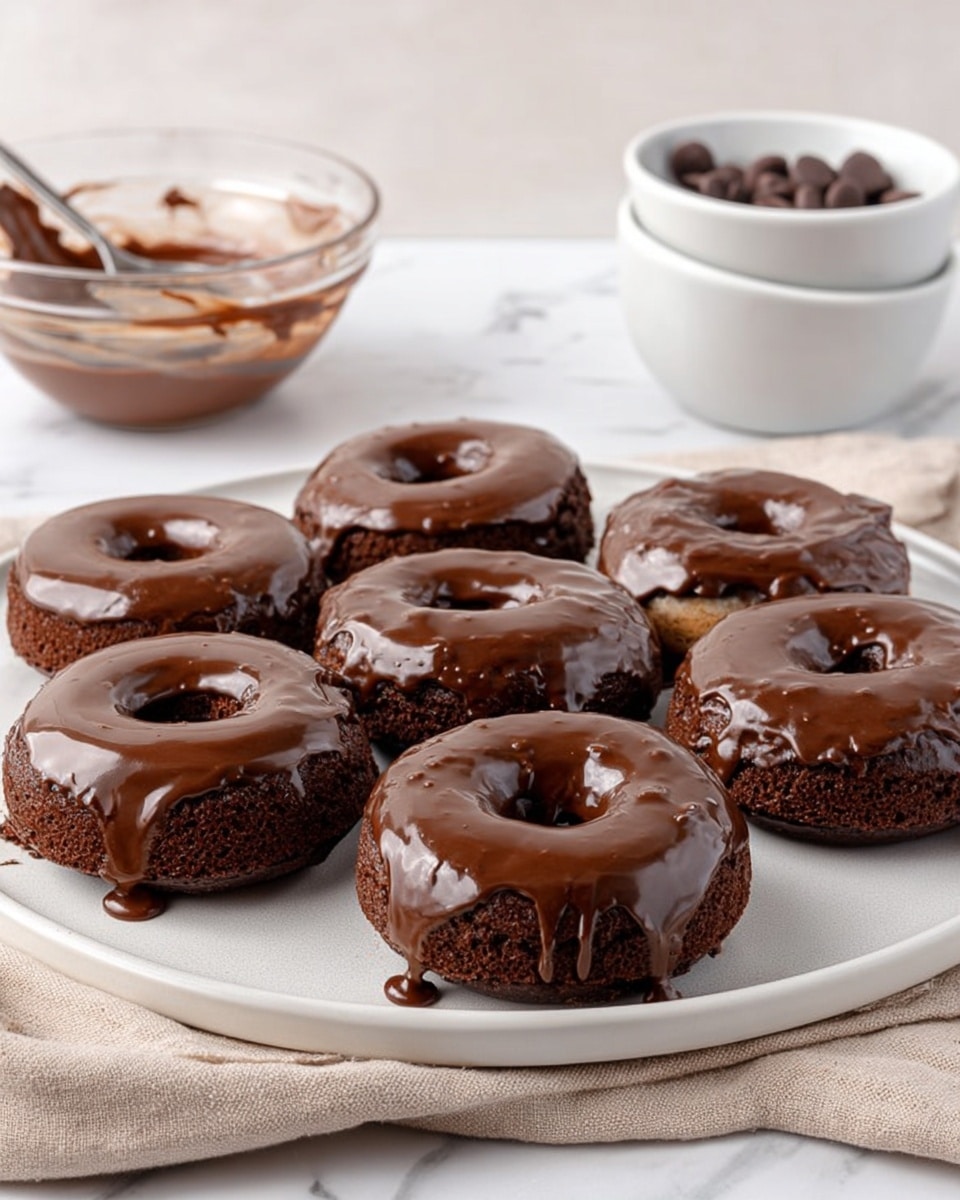 Six chocolate donuts are arranged on a large white plate with a light texture. Each donut has one layer, a thick, shiny, smooth chocolate glaze, which drips slightly down the sides onto the dark brown, rough-textured donut base. The plate sits on a beige cloth with soft folds placed on a white marbled surface. In the background, there is a clear glass bowl with some chocolate mixture and a spoon in it, and two white bowls stacked beside a single white bowl that holds round chocolate pieces. Photo taken with an iphone --ar 4:5 --v 7