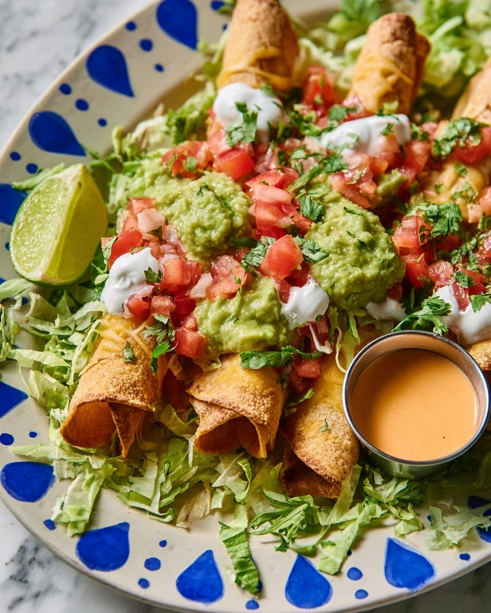 This dish shows several rolled, golden-brown tortillas filled and placed on a bed of chopped green lettuce. Each rolled tortilla is topped with small, bright red tomato pieces, dollops of white sour cream, smooth green guacamole, and a light orange sauce drizzled on top. A lime wedge sits on the left side of the plate, which is white with a blue teardrop pattern around the edge. A small metal cup with creamy orange sauce is placed near the top right, resting on the bed of lettuce, and some cilantro leaves are sprinkled over the entire dish. The background is a white marbled texture. Photo taken with an iphone --ar 4:5 --v 7