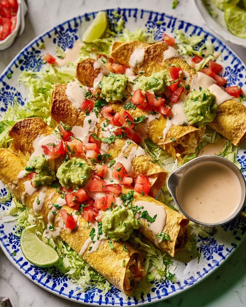 This image shows a white plate with blue petal-like patterns around the edge, filled with five rolled golden corn tortillas layered evenly across shredded green lettuce. The tortilla rolls have a crispy texture and are topped with dollops of bright green guacamole, small white sour cream scoops, and scattered red diced tomatoes. A creamy light pink sauce is drizzled over the tortillas, and finely chopped fresh green herbs are sprinkled on top. One of the tortillas is partially open, revealing a soft, light brown filling inside. Small lime wedges sit on the lettuce near the plate’s edge, and there is a metal cup with creamy sauce positioned on the right side of the plate. The entire scene is set on a white marbled surface. Photo taken with an iphone --ar 4:5 --v 7