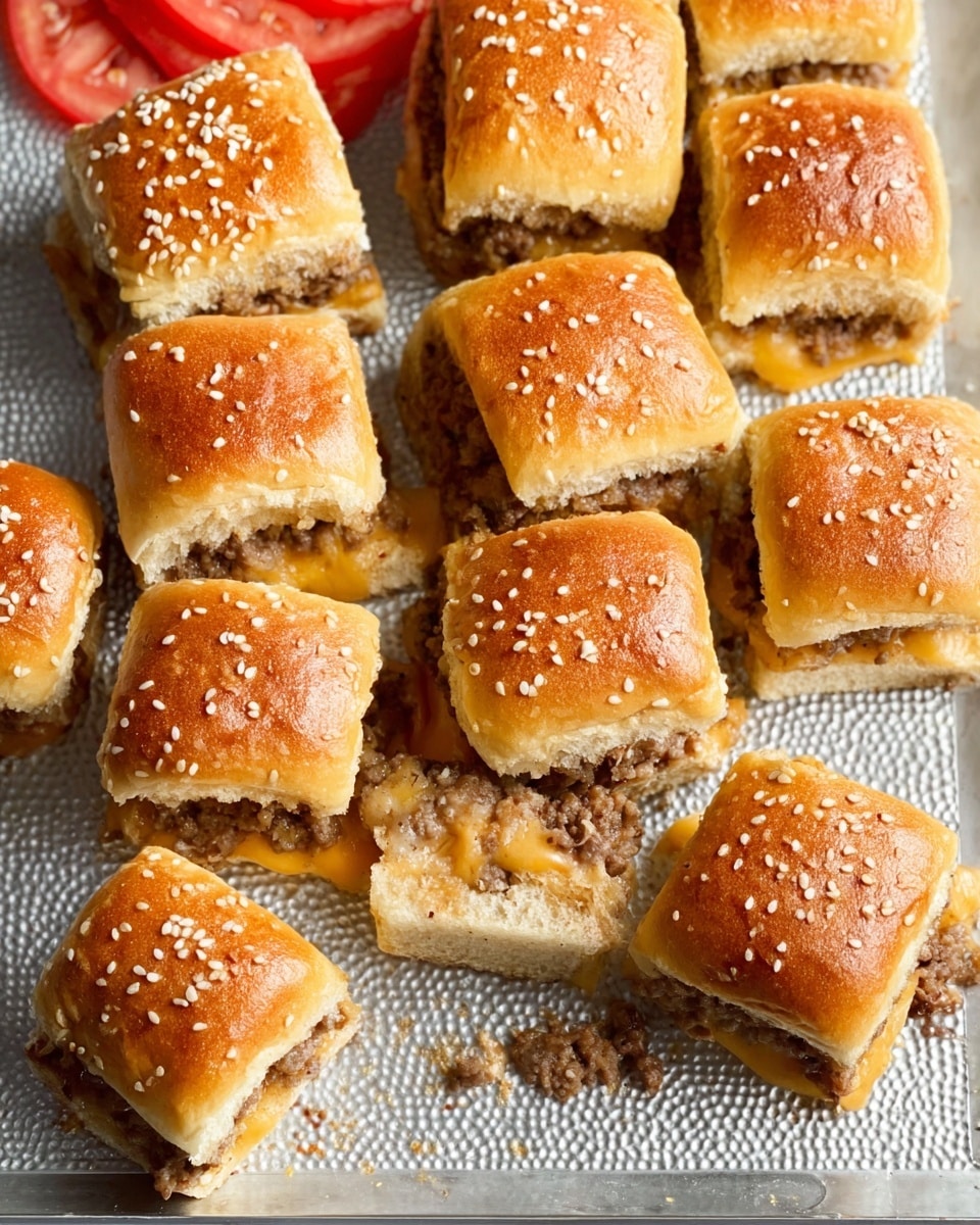 The image shows twelve square sandwich sliders arranged on a white marbled surface with a textured silver tray underneath. Each slider has a golden-brown top bun sprinkled with white sesame seeds. Inside, the sliders have layers of light brown cooked ground meat mixed with melted yellow cheese, sandwiched between a soft white bottom bun. Some sliders are whole while a few are slightly open or broken, revealing the juicy filling inside. On the top left corner, there are slices of bright red tomato. The scene also includes bits of crumbs and sesame seeds scattered around the tray. Photo taken with an iphone --ar 4:5 --v 7