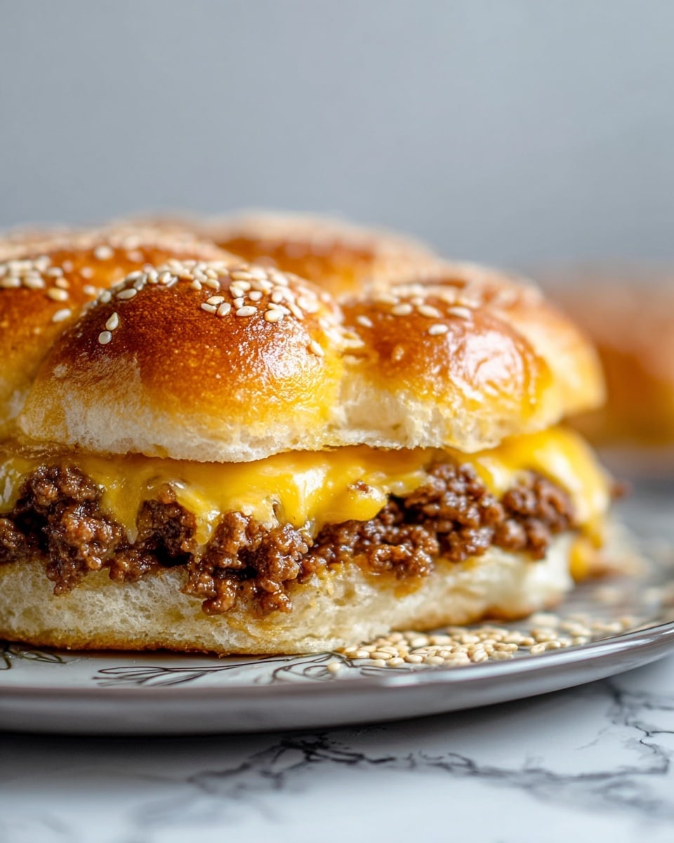 The image shows a close-up of a sandwich made of three layers: the top layer is a soft, shiny, golden brown bun sprinkled with sesame seeds; below the bun is a layer of melted yellow cheese that looks smooth and creamy; under the cheese is a layer of browned ground meat with a slightly chunky texture. The sandwich is placed on a plate with a subtle floral design, resting on a white marbled surface, and some sesame seeds are scattered around it. The focus is on the front part of the sandwich, showing the details of the layers clearly. Photo taken with an iphone --ar 4:5 --v 7