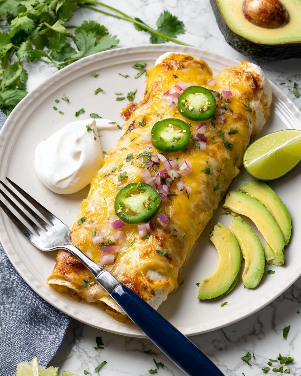 A white plate with a rolled enchilada covered in melted yellow cheese and sprinkled with small pieces of red onion and chopped green herbs. On top are thin green slices of jalapeño. To the right of the enchilada are three slices of fresh avocado, light green with smooth texture, and a wedge of lime. A dollop of white sour cream sits to the left of the plate, next to a silver fork with a dark blue handle resting on the plate’s edge. The plate is placed on a white marbled surface, with a halved avocado and lime wedges near it, and some scattered green cilantro leaves. photo taken with an iphone --ar 4:5 --v 7