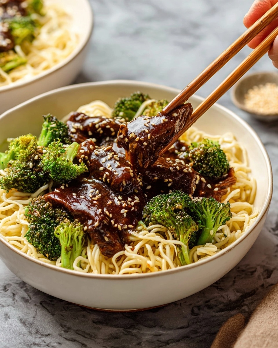 A white bowl filled with three main layers: at the bottom, light yellow cooked noodles arranged in a loose pile, in the middle, bright green broccoli florets scattered over the noodles, and on top, dark brown glossy slices of meat covered in a shiny sauce sprinkled with white sesame seeds. A woman's hand holds wooden chopsticks picking up some sauce-coated noodles with a piece of meat and broccoli. The bowl sits on a white marbled surface with a small white bowl of light brown sesame seeds blurred in the background. Photo taken with an iphone --ar 4:5 --v 7