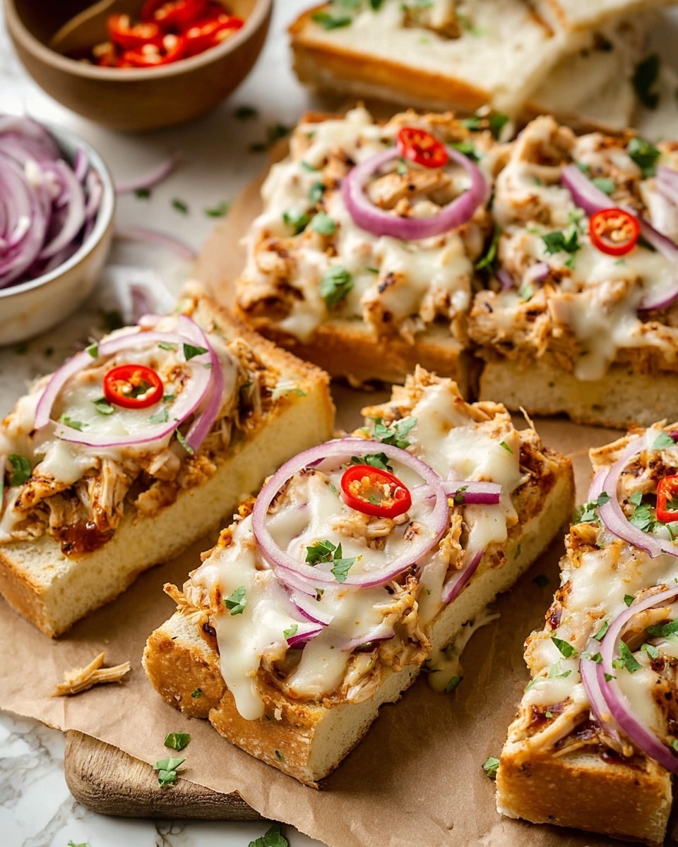 The image shows several pieces of open-faced sandwich on thick white bread slices as the base layer, with shredded light brown chicken spread evenly on top. The chicken is covered with melted white cheese that has some browned spots. Thin slices of purple onion and bright red chili rings are placed on the cheese, adding color and texture. Small green herb pieces are sprinkled over the top for garnish. The sandwiches rest on brown parchment paper on a white marbled surface. Small bowls with additional ingredients are blurred in the background. Photo taken with an iphone --ar 4:5 --v 7