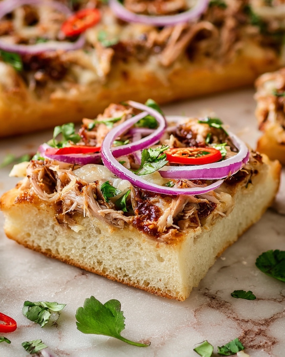 A thick square slice of focaccia bread with a light golden crust and soft inside forms the base layer. On top, there is shredded lightly browned topping resembling jackfruit or a similar shredded ingredient, spreading evenly. Over this, thinly sliced purple onion rings and small red chili pepper slices add color, along with small green herb leaves scattered around. The dish is on a white marbled textured surface with a few loose green herb leaves nearby. Photo taken with an iphone --ar 4:5 --v 7