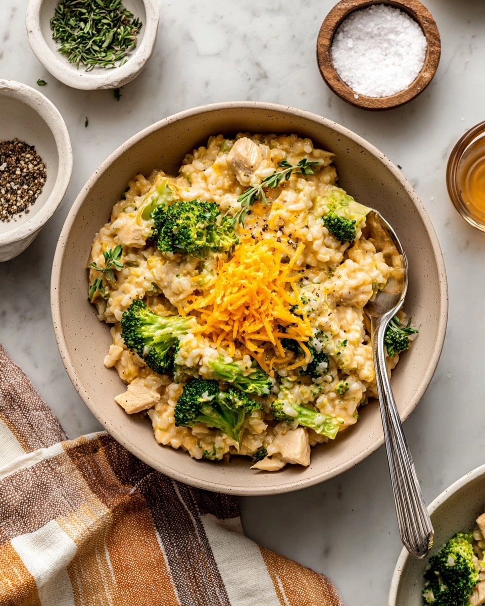 A beige bowl filled with a creamy mixture of light yellow rice, bright green broccoli florets, and small chunks of light tan chicken pieces. On top of the rice mixture is a sprinkle of thin, bright orange shredded cheese forming a small pile near the right side. A silver spoon is placed inside the bowl, with its handle resting on the top right edge. The bowl sits on a white marbled surface surrounded by small white bowls holding coarse white salt, black pepper, and green fresh herbs. A striped beige and brown cloth is partly visible on the bottom left side. photo taken with an iphone --ar 4:5 --v 7