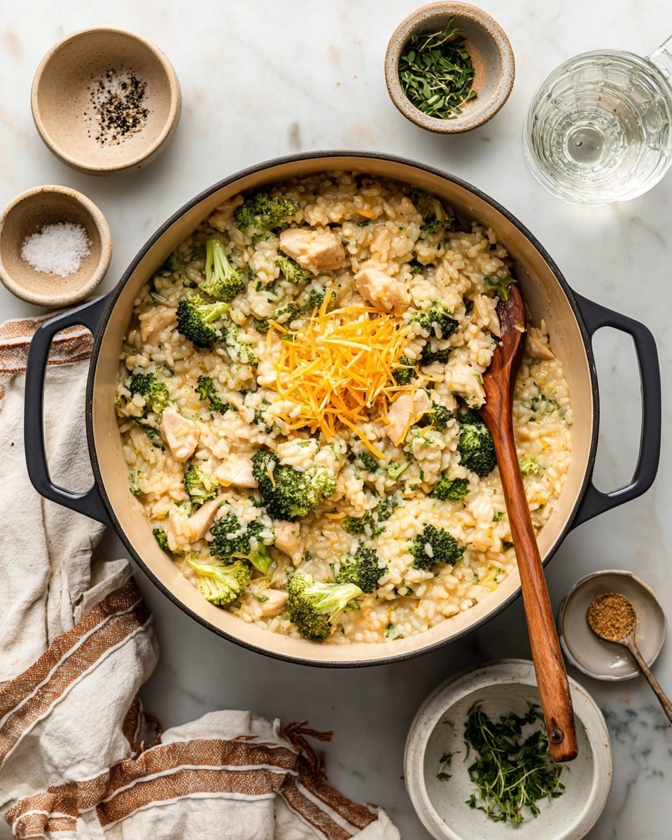 The image shows a large round pot with a black handle filled with creamy risotto mixed with green broccoli florets and light brown chicken pieces. On top, there is a small pile of shredded orange cheese in the center. A wooden spoon rests on the right side inside the pot, scooping some of the risotto. Around the pot, small white bowls contain coarse salt, cracked black pepper, and fresh green herbs. There is also a clear drinking glass and a few white and brown striped cloths on a white marbled surface. photo taken with an iphone --ar 4:5 --v 7
