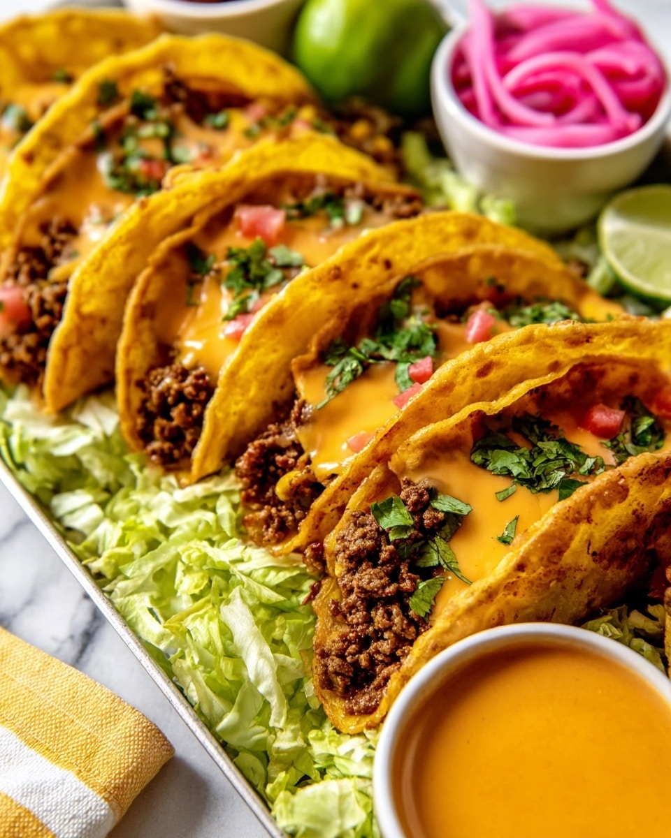 A close-up view of a tray with several golden brown fried taco shells filled with a layer of dark cooked ground meat mixed with melted orange cheese, sprinkled with fresh green chopped cilantro, and small bits of red diced tomatoes. The tacos are resting on a bed of light green shredded lettuce. On the side, there is a white small bowl filled with smooth orange dipping sauce, and next to it is a fresh bright green lime wedge. Behind the tacos, there is another small white bowl with thin pink pickled onion slices. The tray sits on a white marbled surface, and a yellow and white striped cloth is slightly visible on the side. photo taken with an iphone --ar 4:5 --v 7