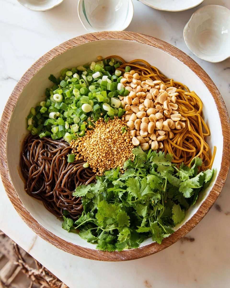 In a white bowl with a wooden rim, there are five distinct layers arranged in separate sections. The bottom left section has dark brown noodles with a glossy texture, signaling they are coated with sauce. Above the noodles, chopped light green scallions are stacked, dense and fresh looking. Centered, there is a small pile of golden sesame seeds with a slightly rough texture. To the right of the sesame seeds, a heap of light tan chopped peanuts is visible. Finally, the bottom right section holds bright green fresh cilantro leaves with a feathery texture. The bowl is placed on a white marbled surface with small white dishes visible in the background. Photo taken with an iphone --ar 4:5 --v 7