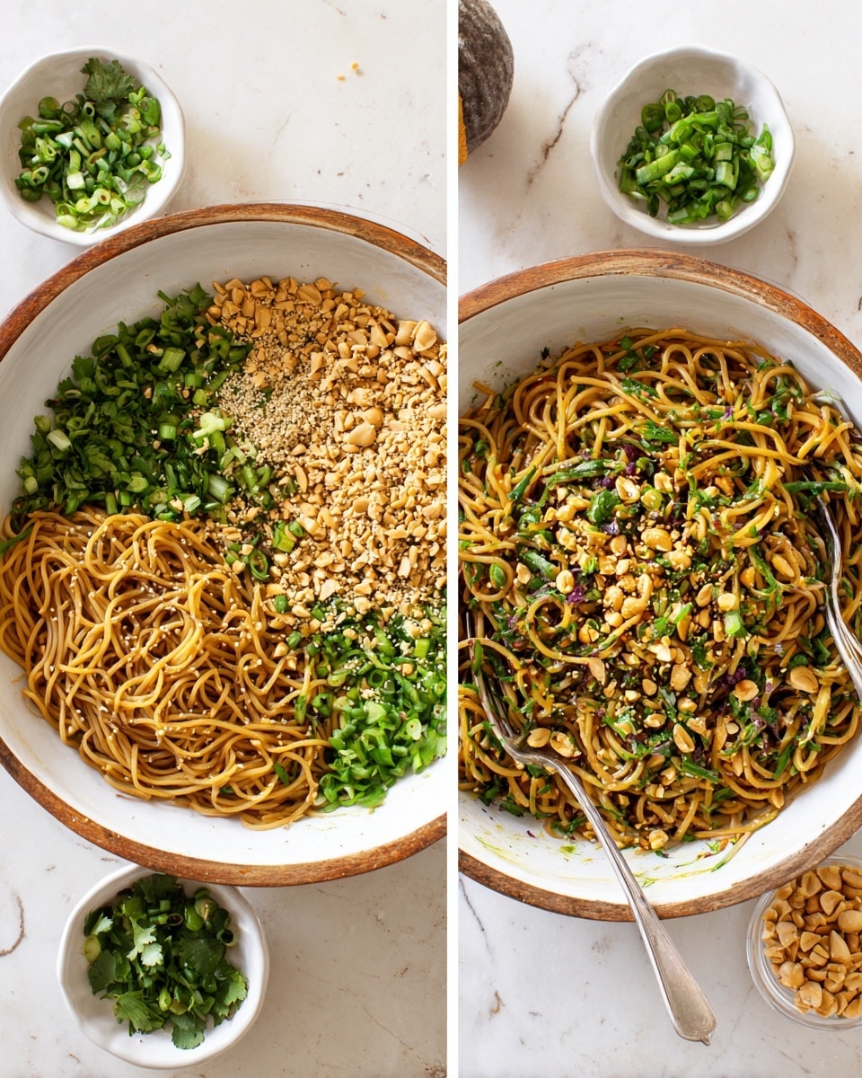 A large white bowl with a wooden rim holds a noodle dish in two shots side by side: the left image shows the layers separately with cooked thin brown noodles at the bottom right, chopped green onions on the bottom left, chopped cilantro on the top right, crushed peanuts on the top left, and sesame seeds sprinkled in the center, all placed on a white marbled surface with small white bowls of additional ingredients around it. The right image shows the noodles mixed with the green onions, cilantro, crushed peanuts, and sesame seeds fully combined, creating a colorful mix of light brown noodles, bright green herbs, and peanuts, with a metal fork resting on the side of the bowl. Photo taken with an iphone --ar 4:5 --v 7